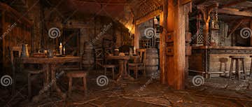 Wide Panoramic View of Fantasy Medieval Tavern Inn Interior. 3D ...