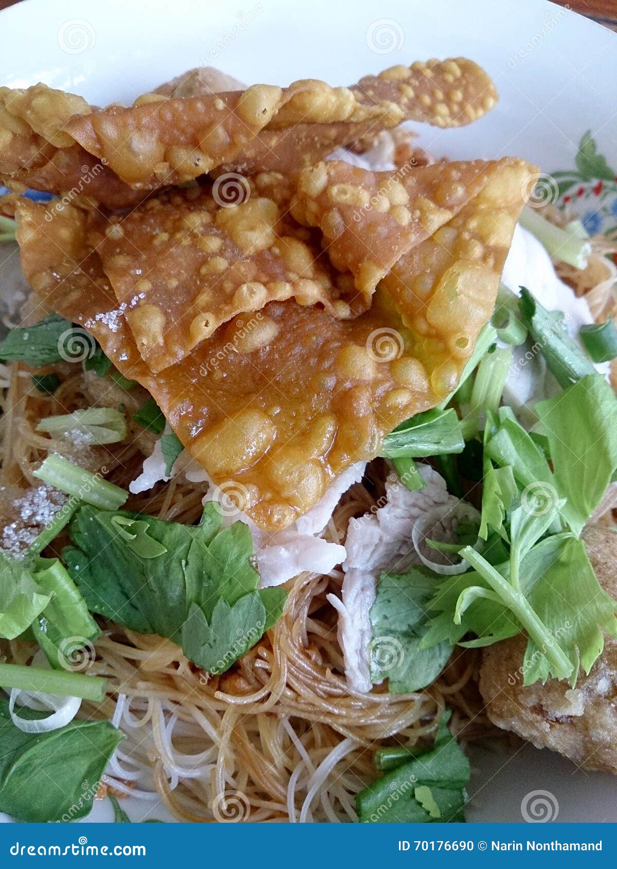 Wide Rice Noodle Soup with Vegetables and Meat, Egg Stock Photo Image