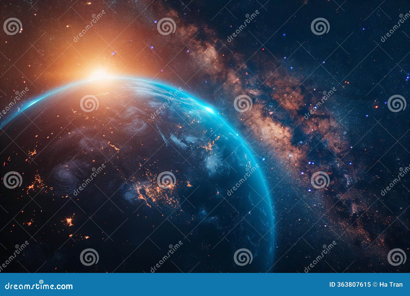 wide shot of the earth from space, stars and milky way in the background, sun rising on the left side, blue glow coming out of th