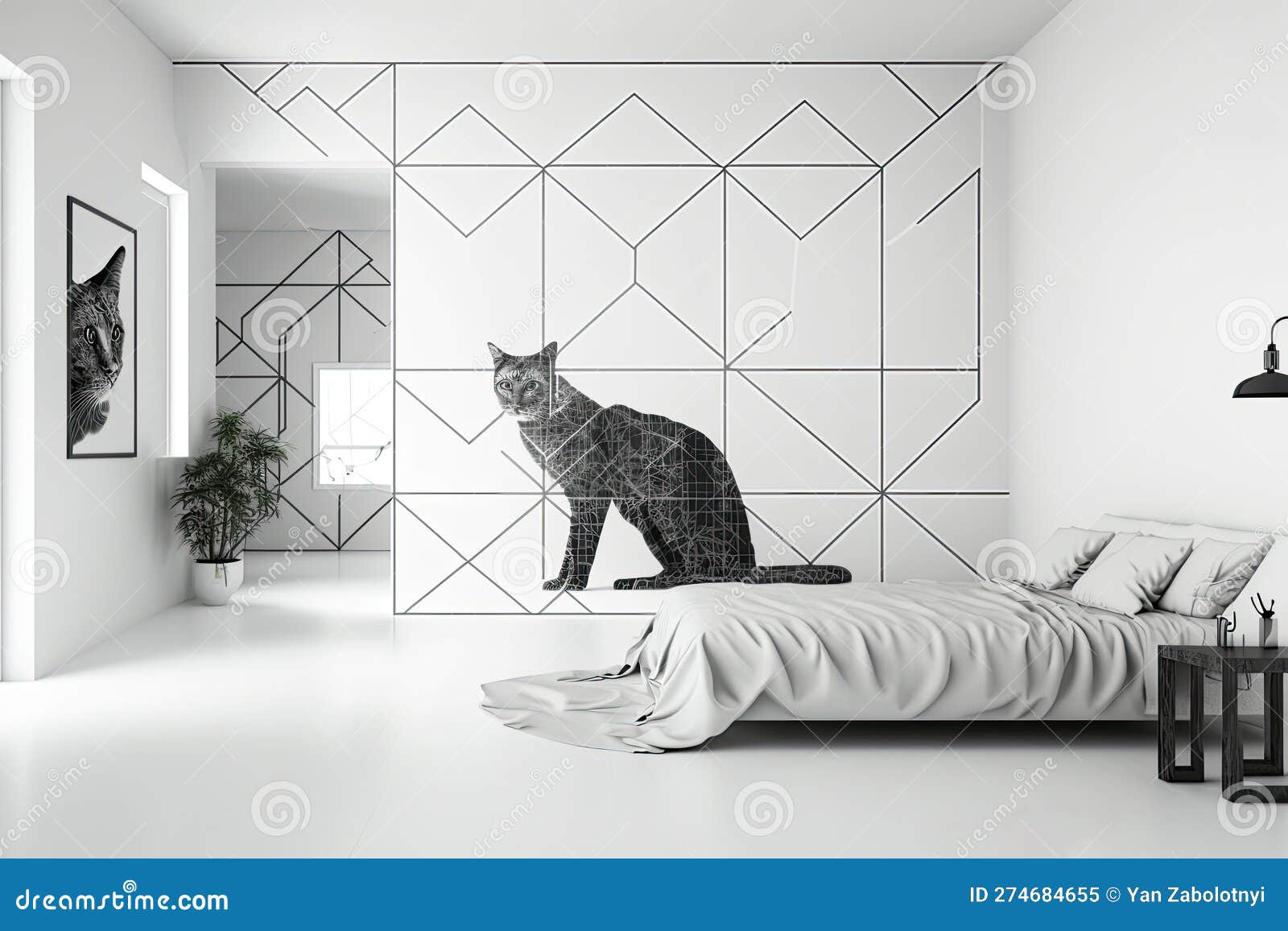 Wide Shot White Room on Wall with Cat Pattern in Geometry. Generative