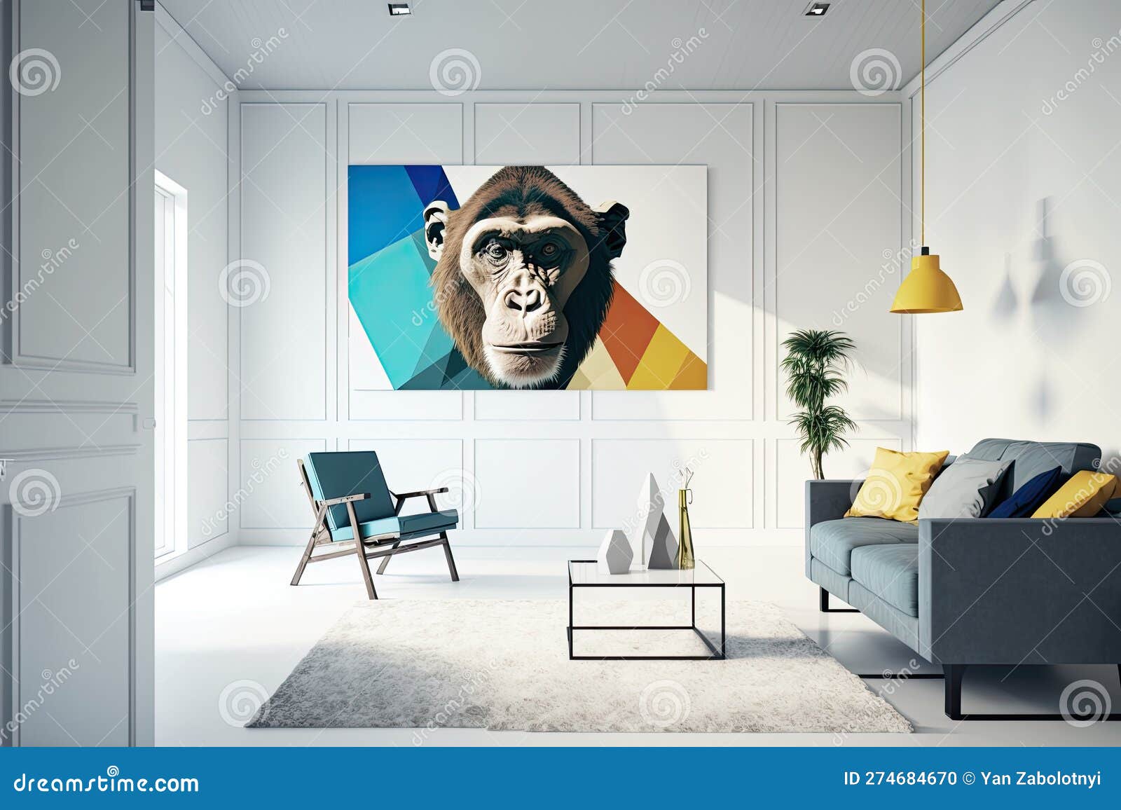Wide Shot White Room on Wall with Geometric Style Monkey. Generative AI