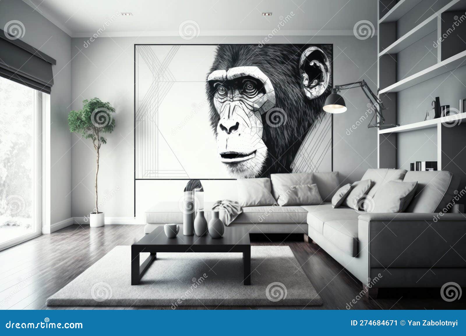 Wide Shot White Room on Wall with Geometric Style Monkey. Generative AI
