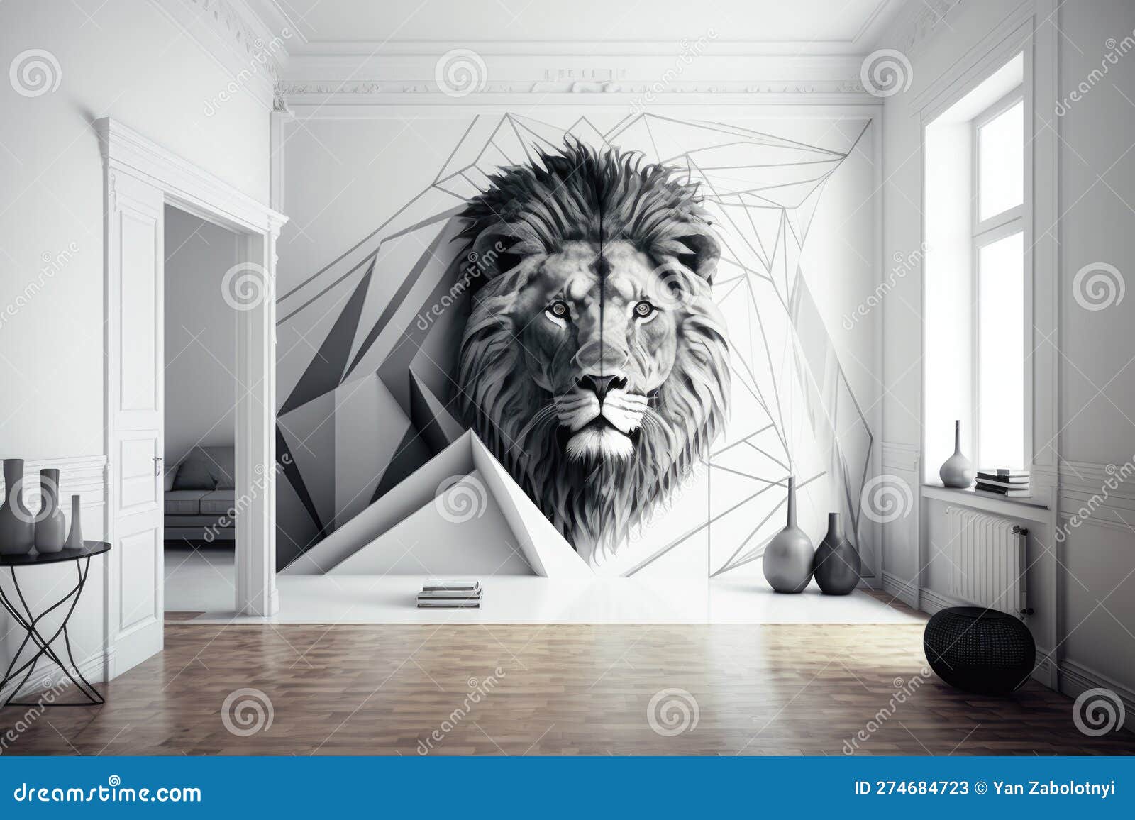 Wide Shot White Room on Wall with Lion Pattern in Geometric Style