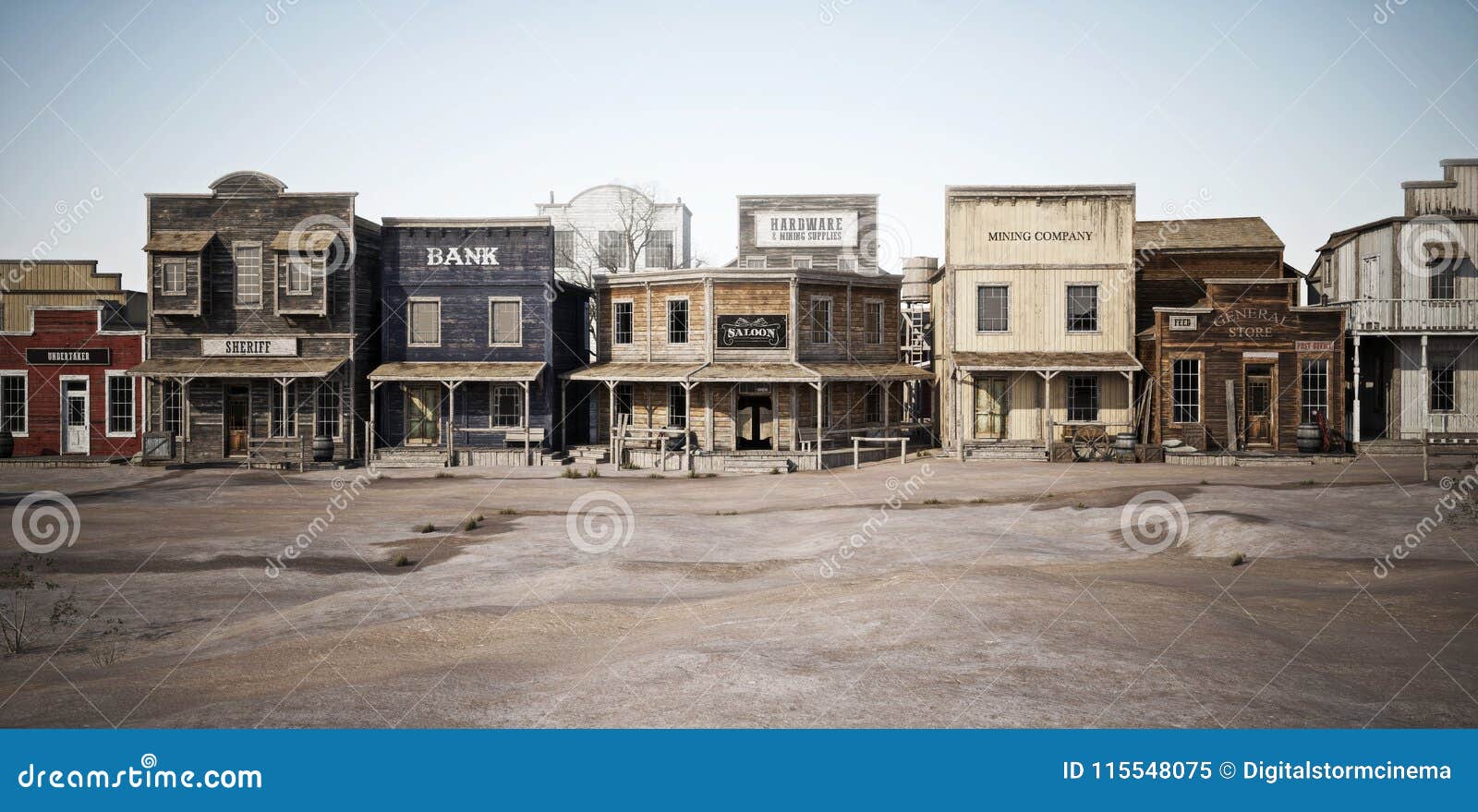 wide side view of a rustic antique western town with various businesses.
