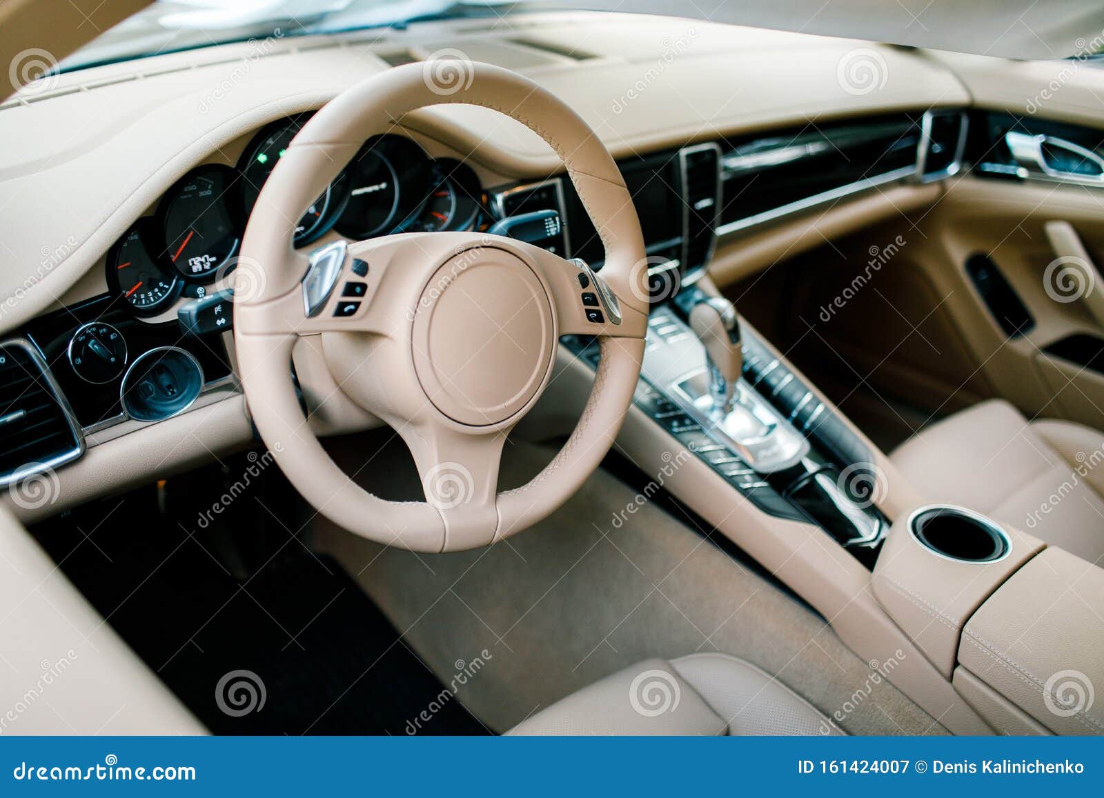 Wide View of Modern Car Interior with Lightcolored Decoration Stock