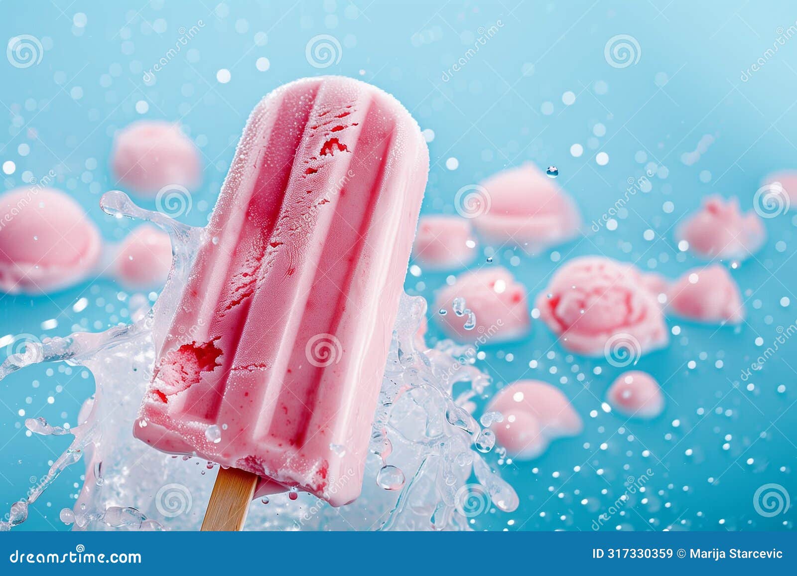 wierd home made strawbery ice cream on the stick  on a blue background
