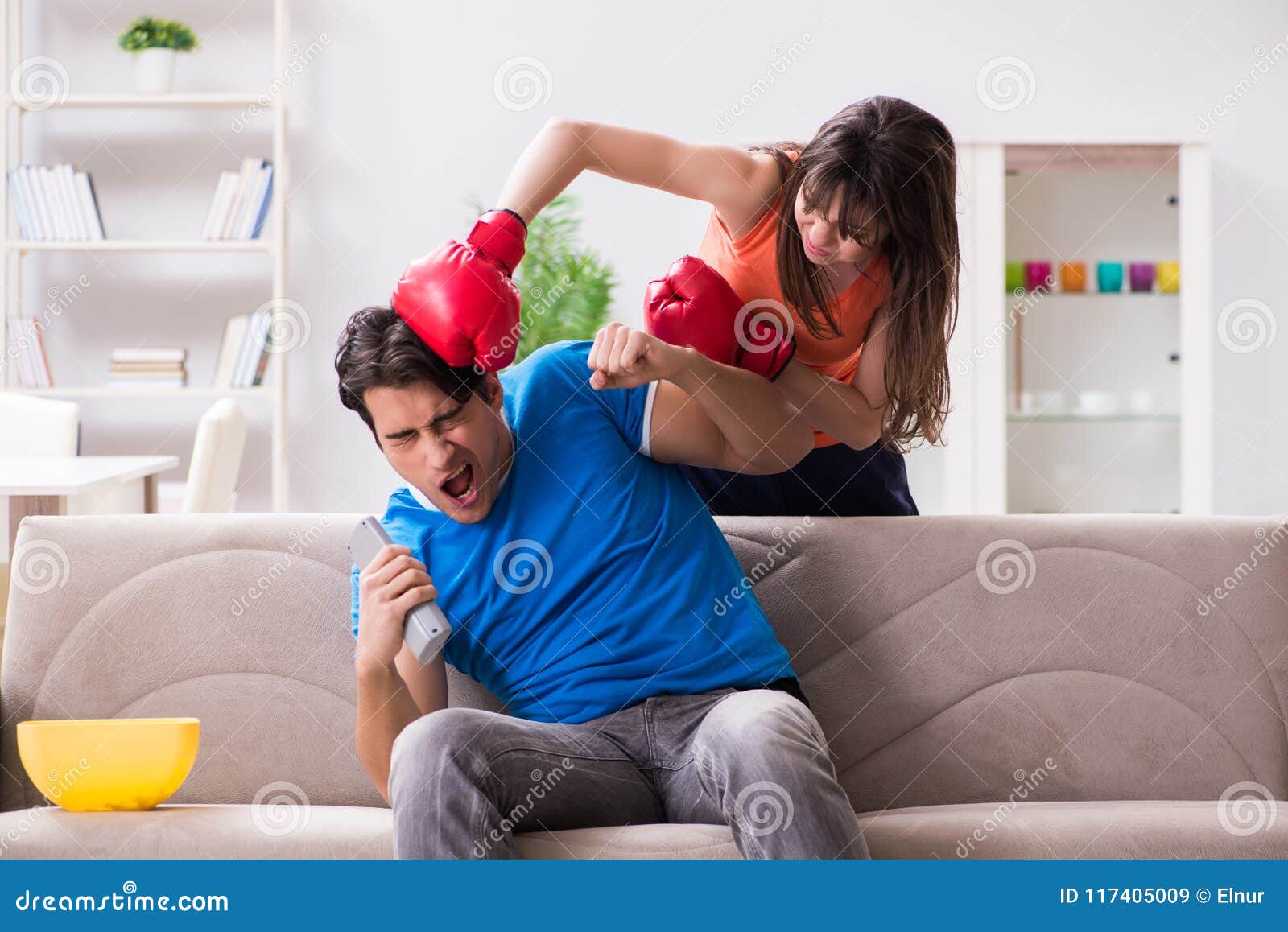 The Wife Unhappy that Husband is Watching Boxing Stock Image Image of