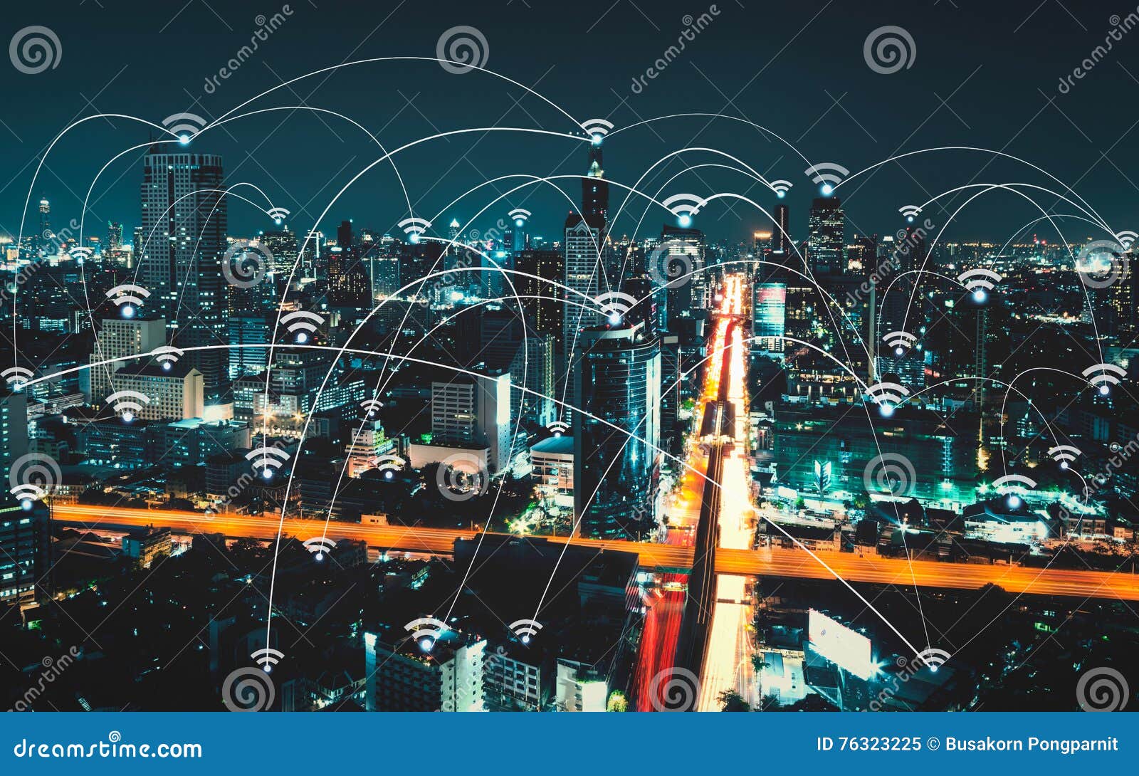wifi icon and city scape and network connection