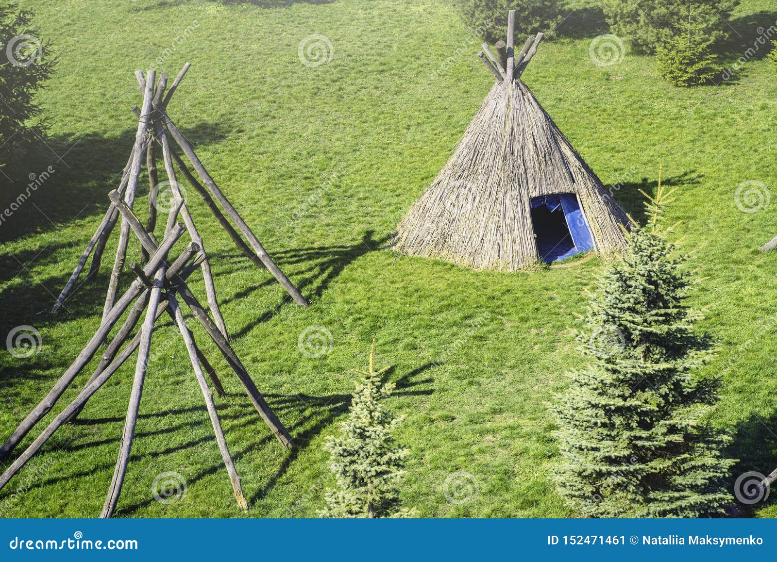 Wigwam Type Thatch Huts in Native American Camp Site.Wigwam Type Thatch