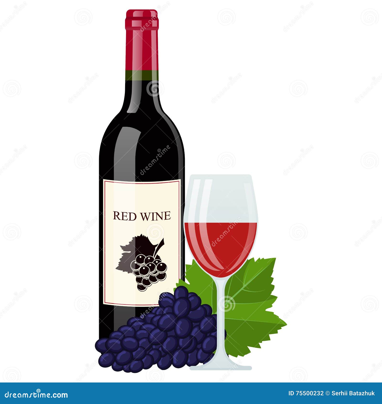 Wijnfles Met Glas En Druivenbladeren Stock Illustratie - Illustration ...