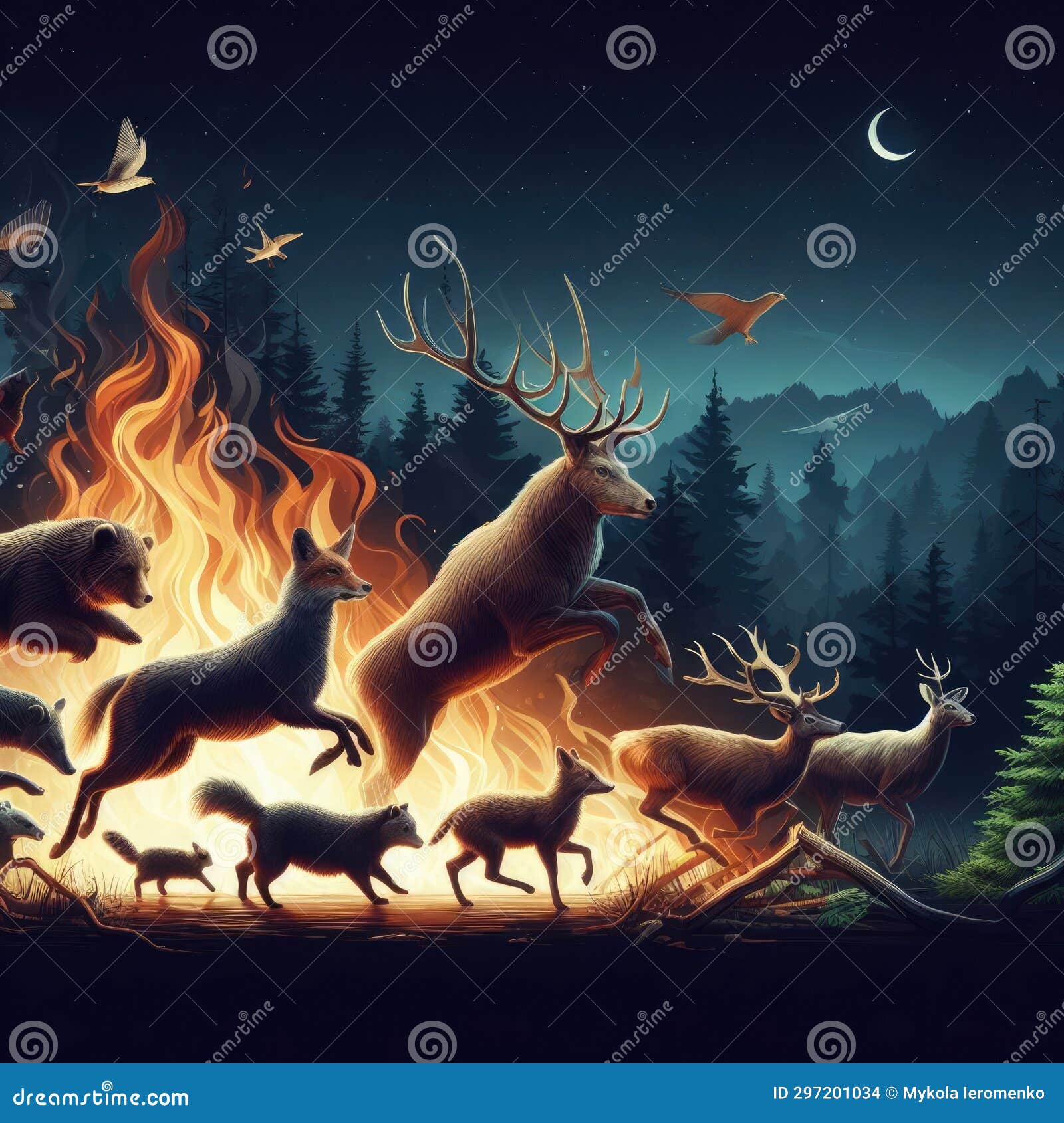 Wild Animals are Fleeing from a Forest Fire Stock Illustration