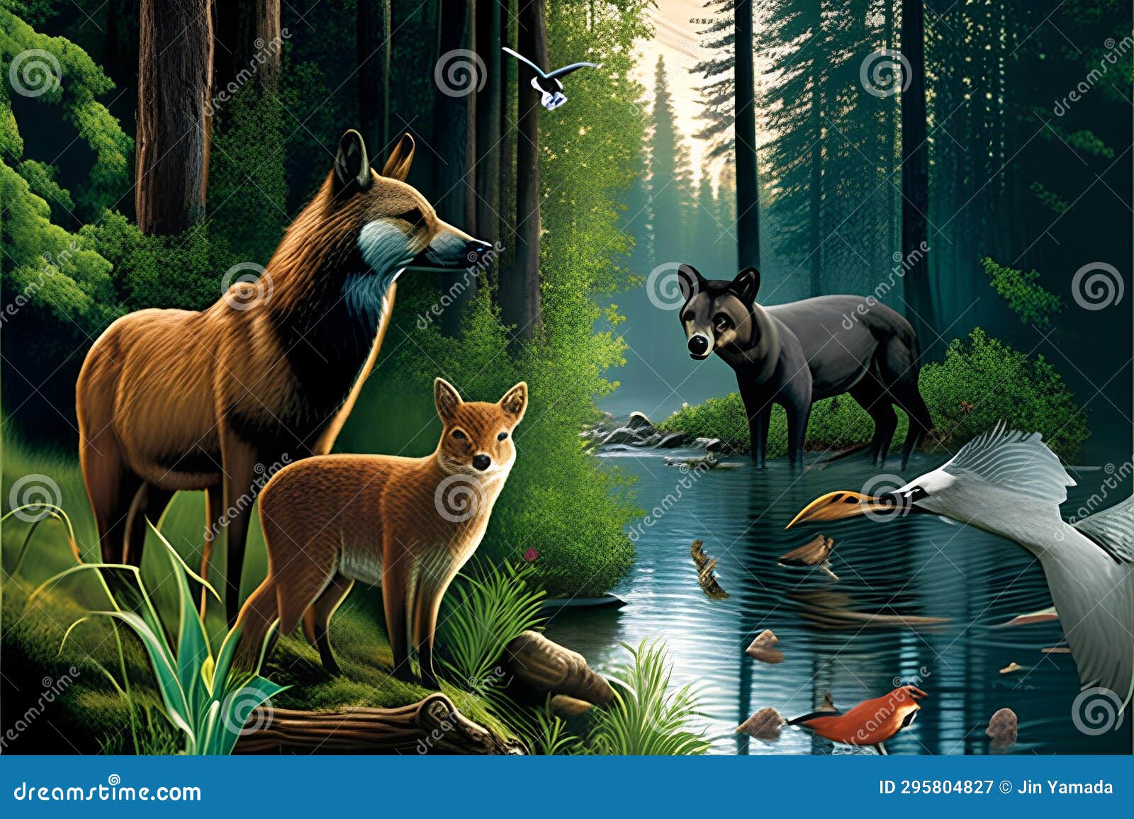 Wild Animals in the Forest Fox, Wolf, Dog and Fish Stock Illustration