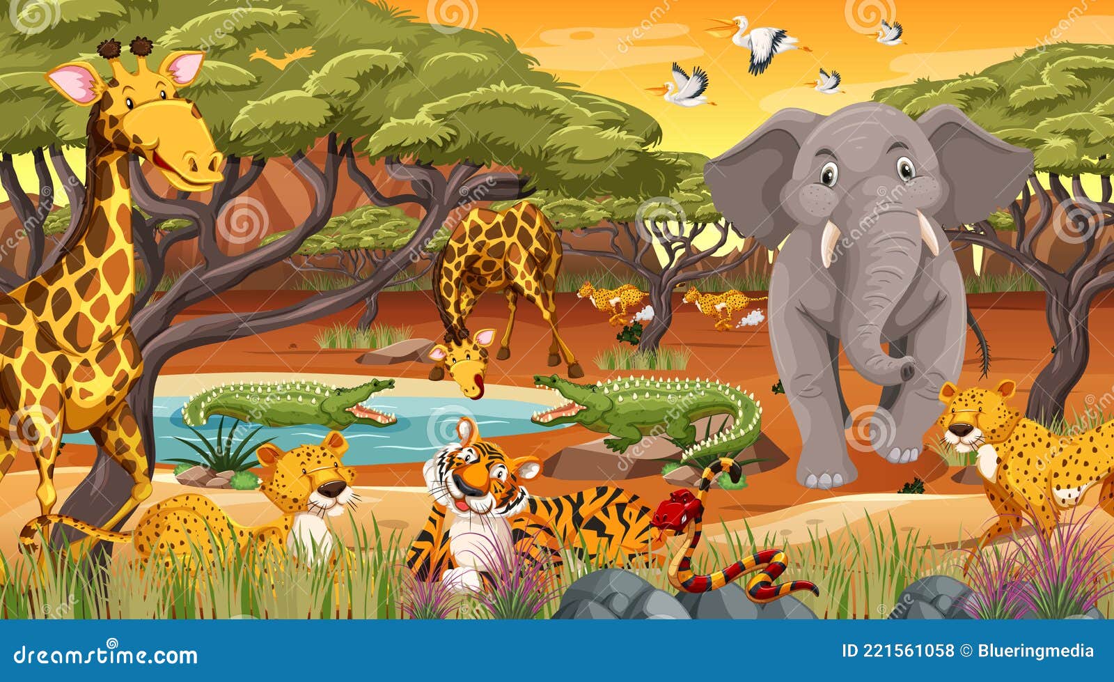 Wild animals in the jungle stock vector. Illustration of character -  221561058
