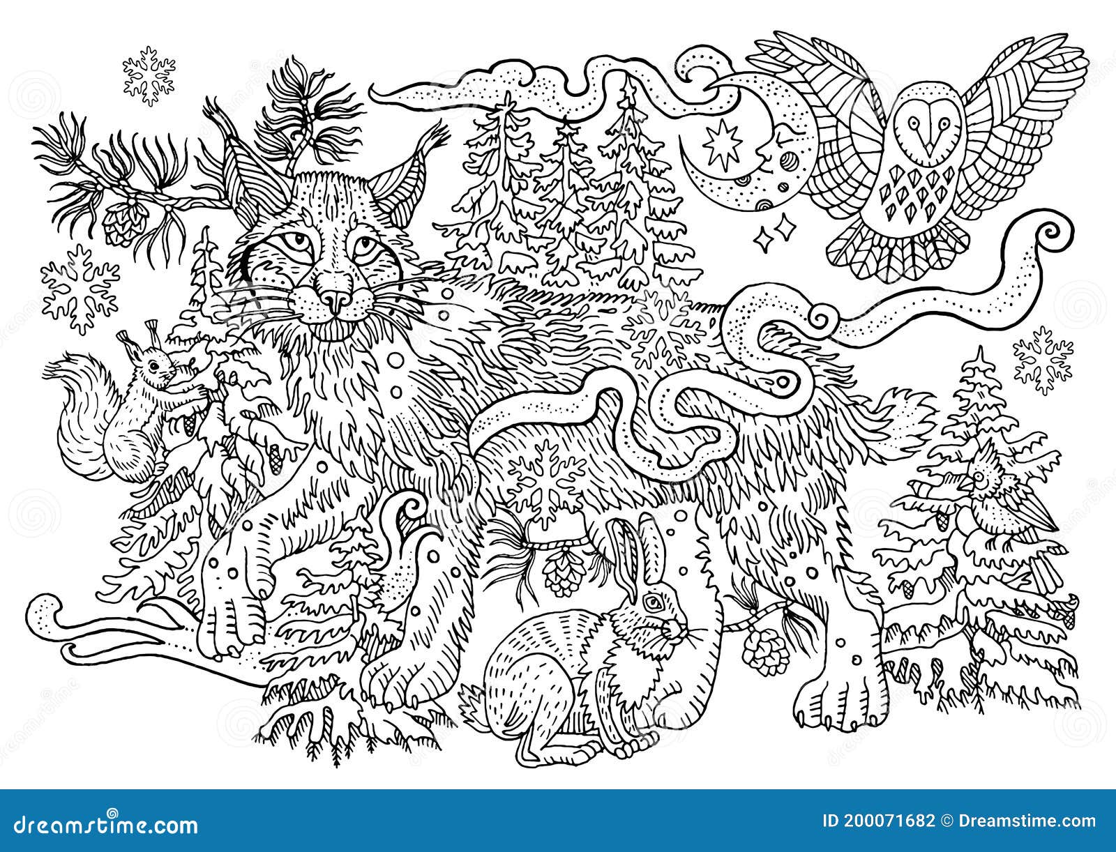 Wild Animals and Magic Winter Forest. Nature Spirits. Coloring ...