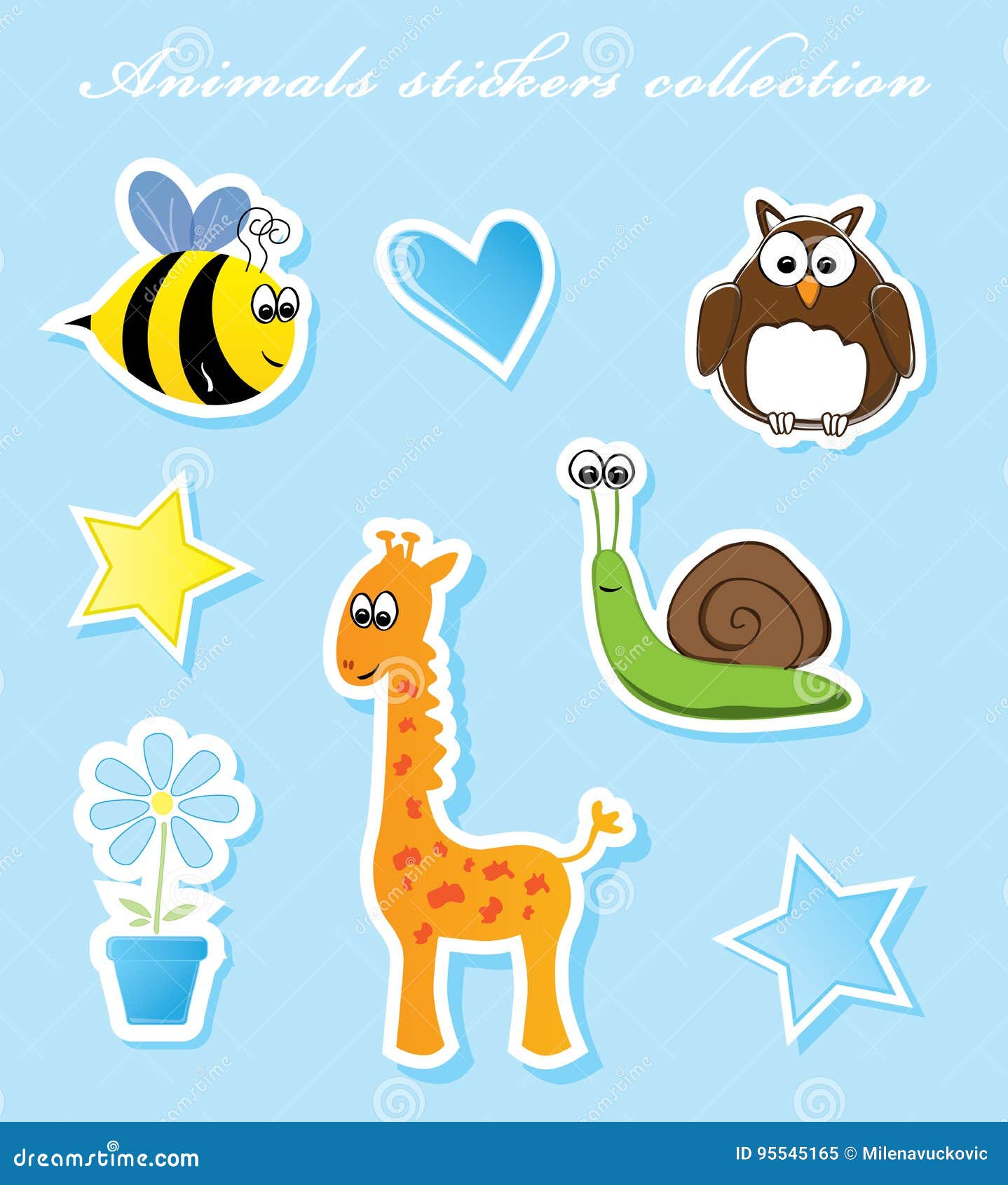 Wild Animals Stickers, Bee, Giraffe, Owl, Snail Stock Vector - Illustration  of concept, animal: 95545165
