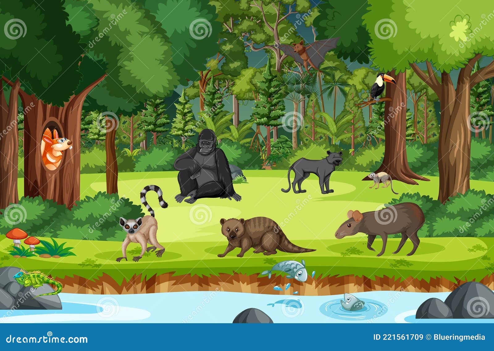 Wild Animals with Stream Flowing through the Forest Scene Stock Vector -  Illustration of creature, bird: 221561709