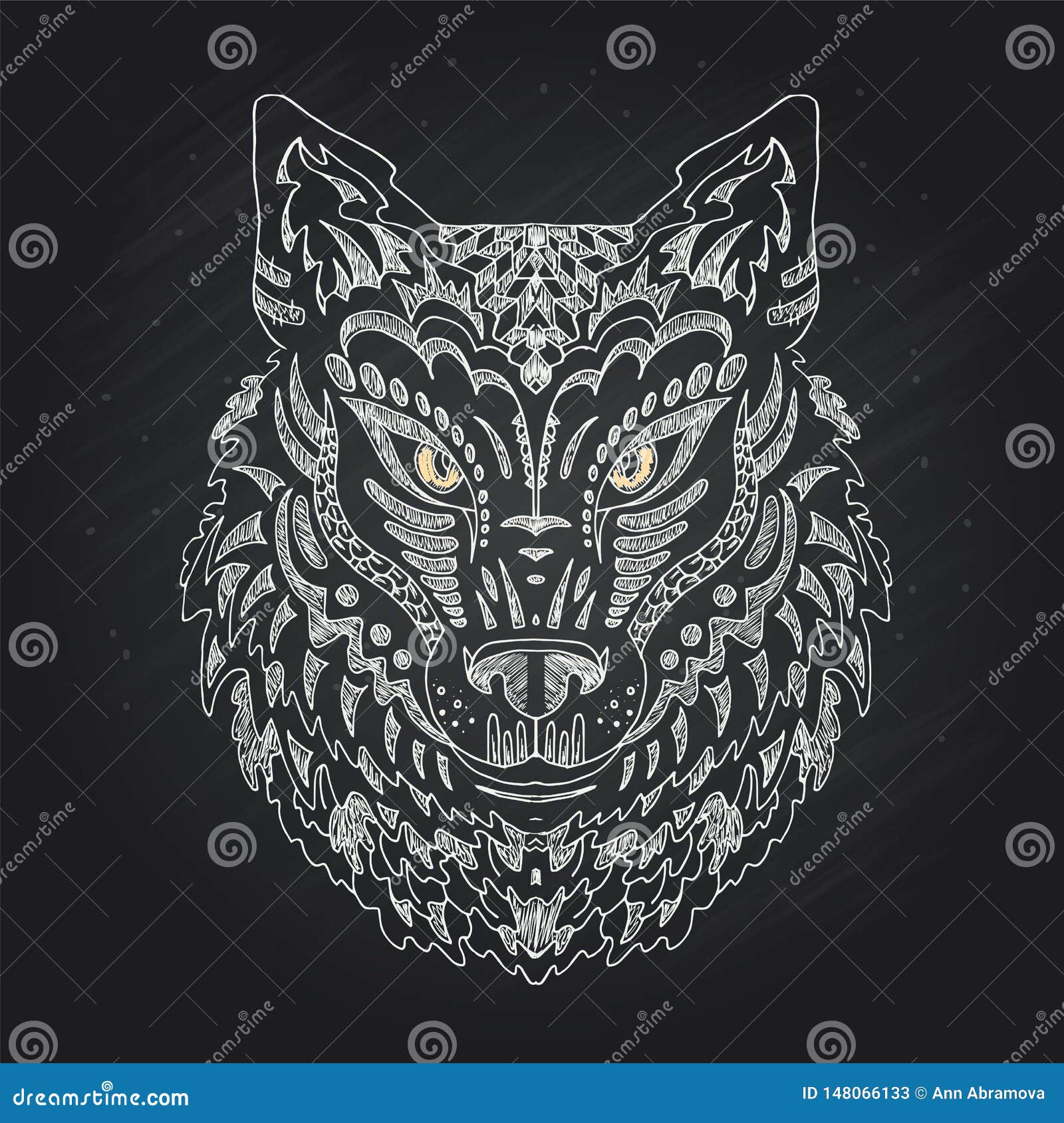 Wild Beautiful Wolf Head Hand Draw On A Chalk Board Background