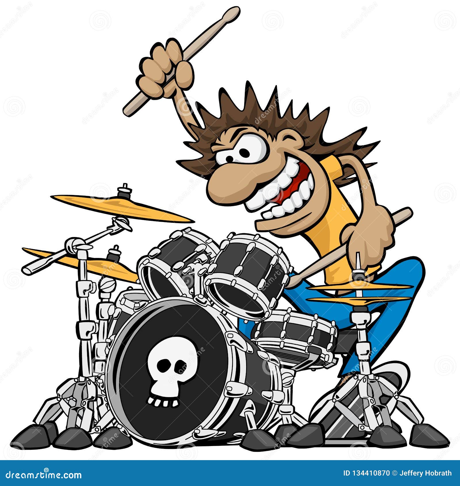 wild drummer playing drum set cartoon  