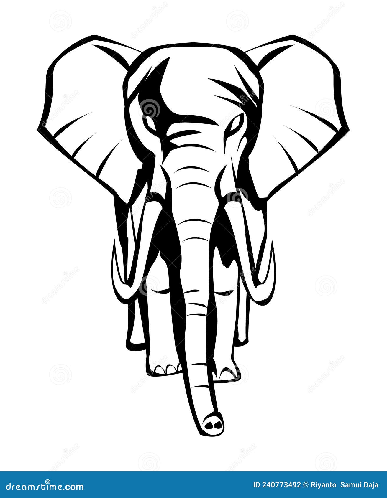 Wild Elephant Walking Forward Black and White Illustration Design Stock