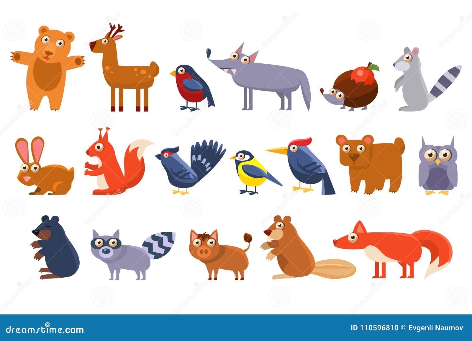 Wild forest animals set, cute cartoon bear, bird, hedgehog, wolf, raccoon, elk, deer, rabbit, squirrel, tit, woodpecker, owl mole wild boar beaver fox vector Illustrations isolated on a white background