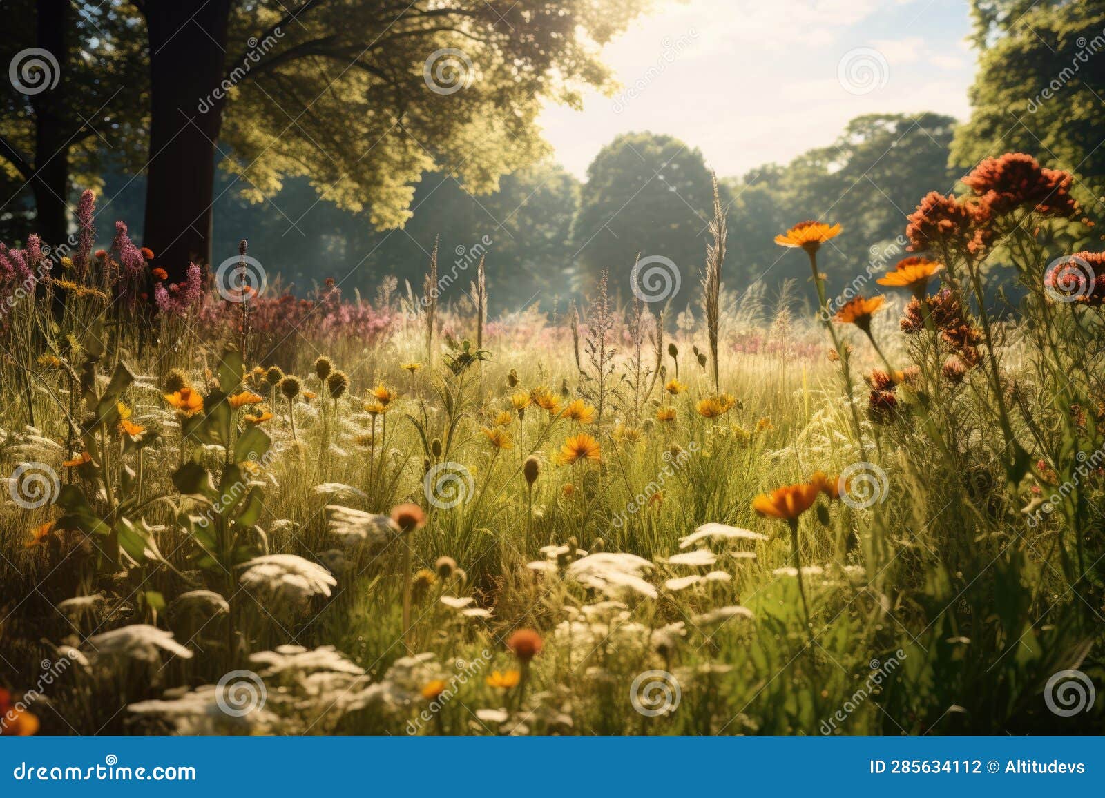 Wild Herbs and Plants in a Sunlit Meadow Stock Illustration