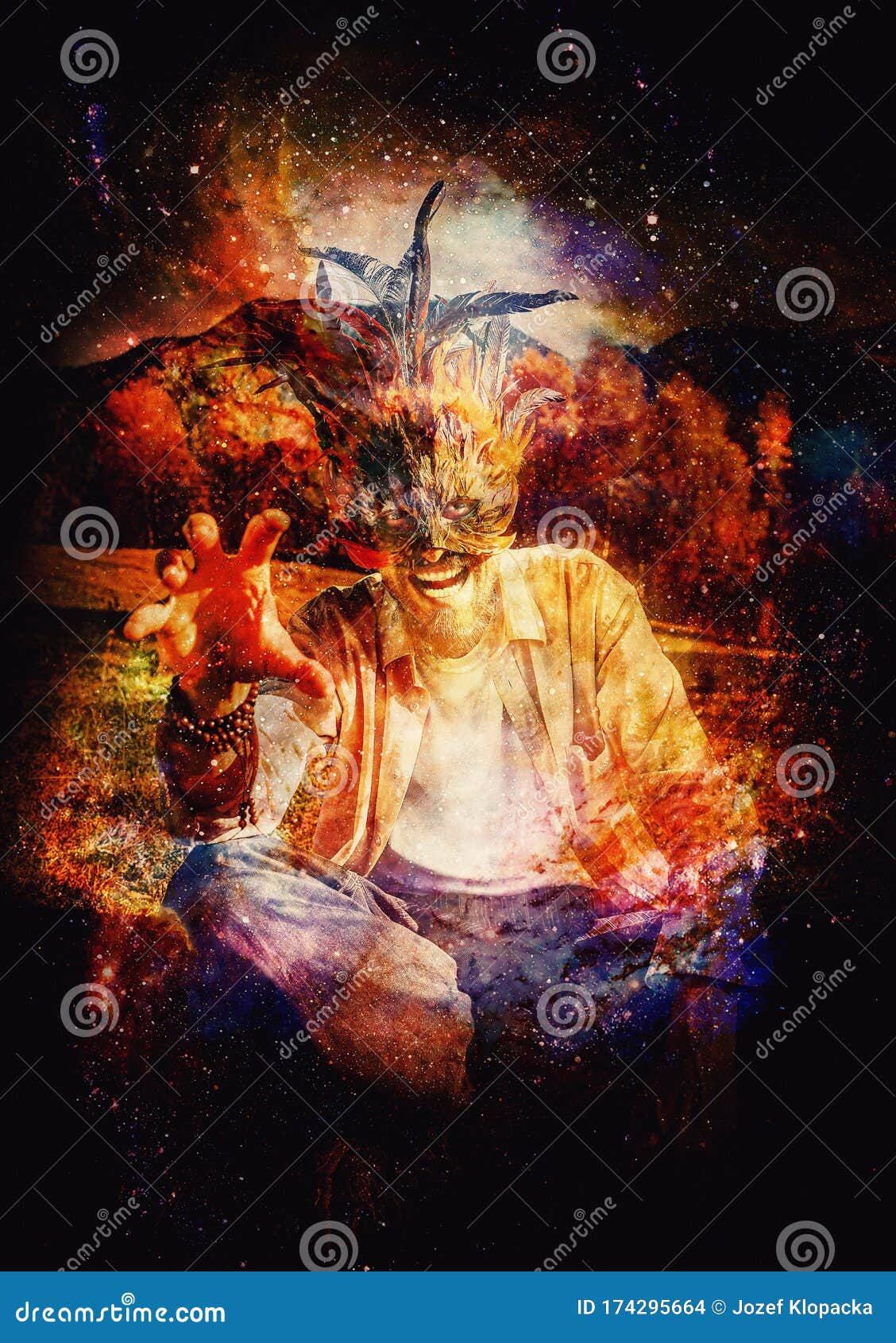 Wild Man with a Colorful Feather Face Mask on Abstract Structured Space  Background. Stock Photo - Image of hawk, decoration: 174295664
