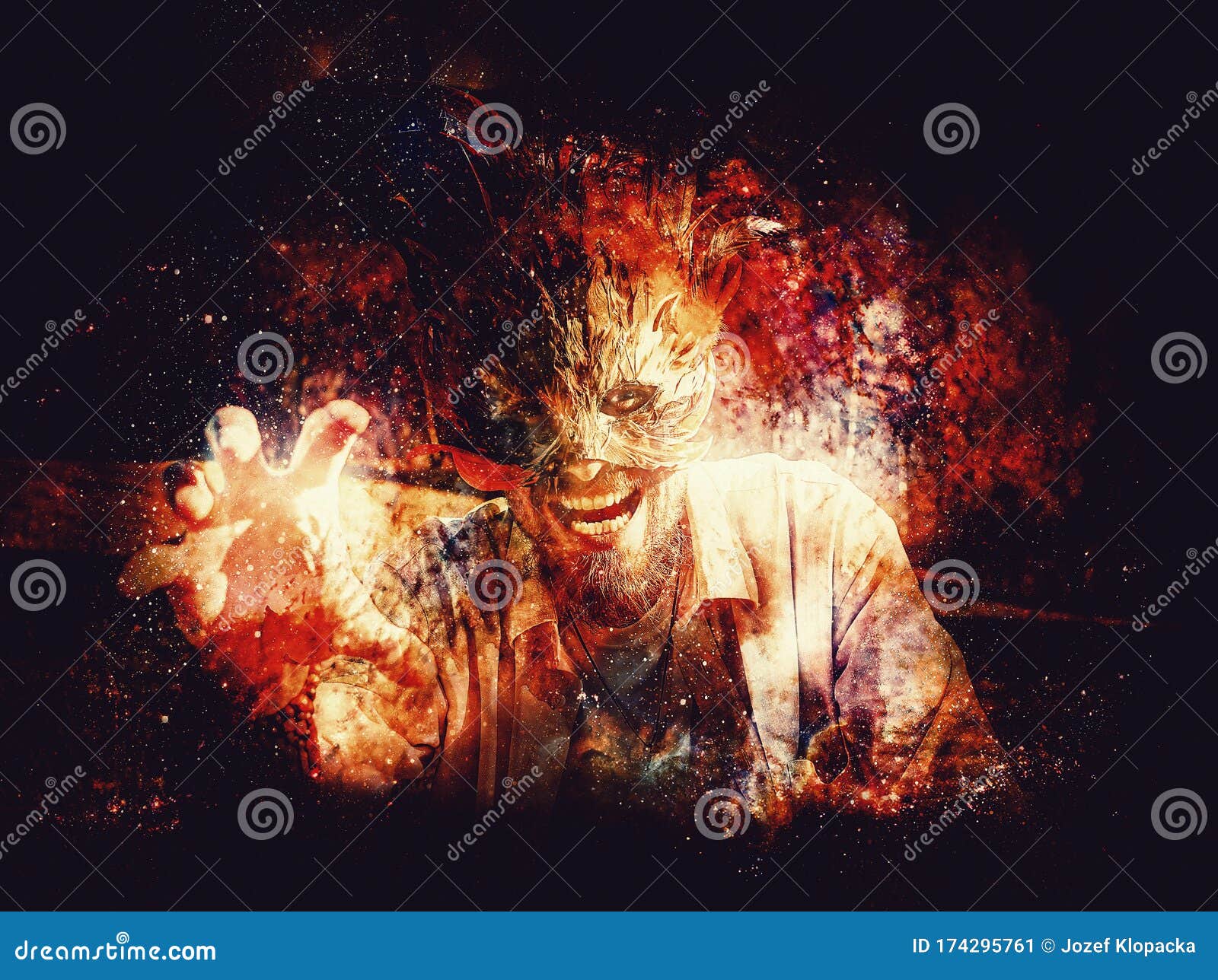 Wild Man with a Colorful Feather Face Mask on Abstract Structured Space  Background. Stock Image - Image of aggressive, galaxy: 174295761