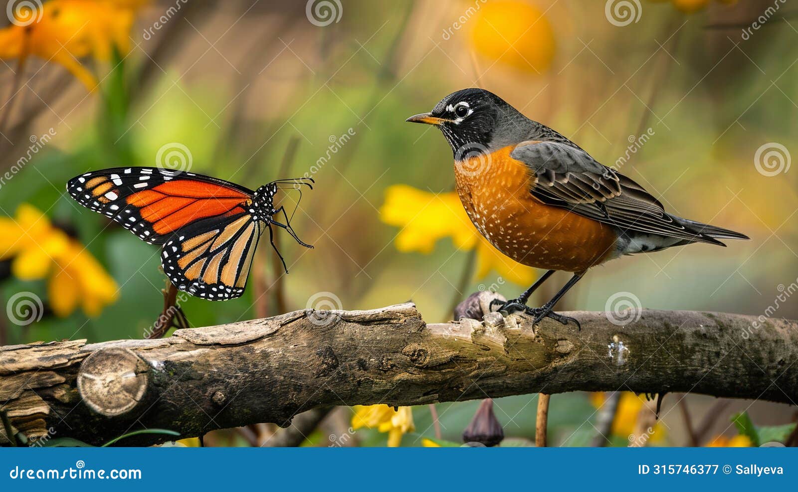 a wild robin with stunning colourful and a monarch butterfly standing on a branch