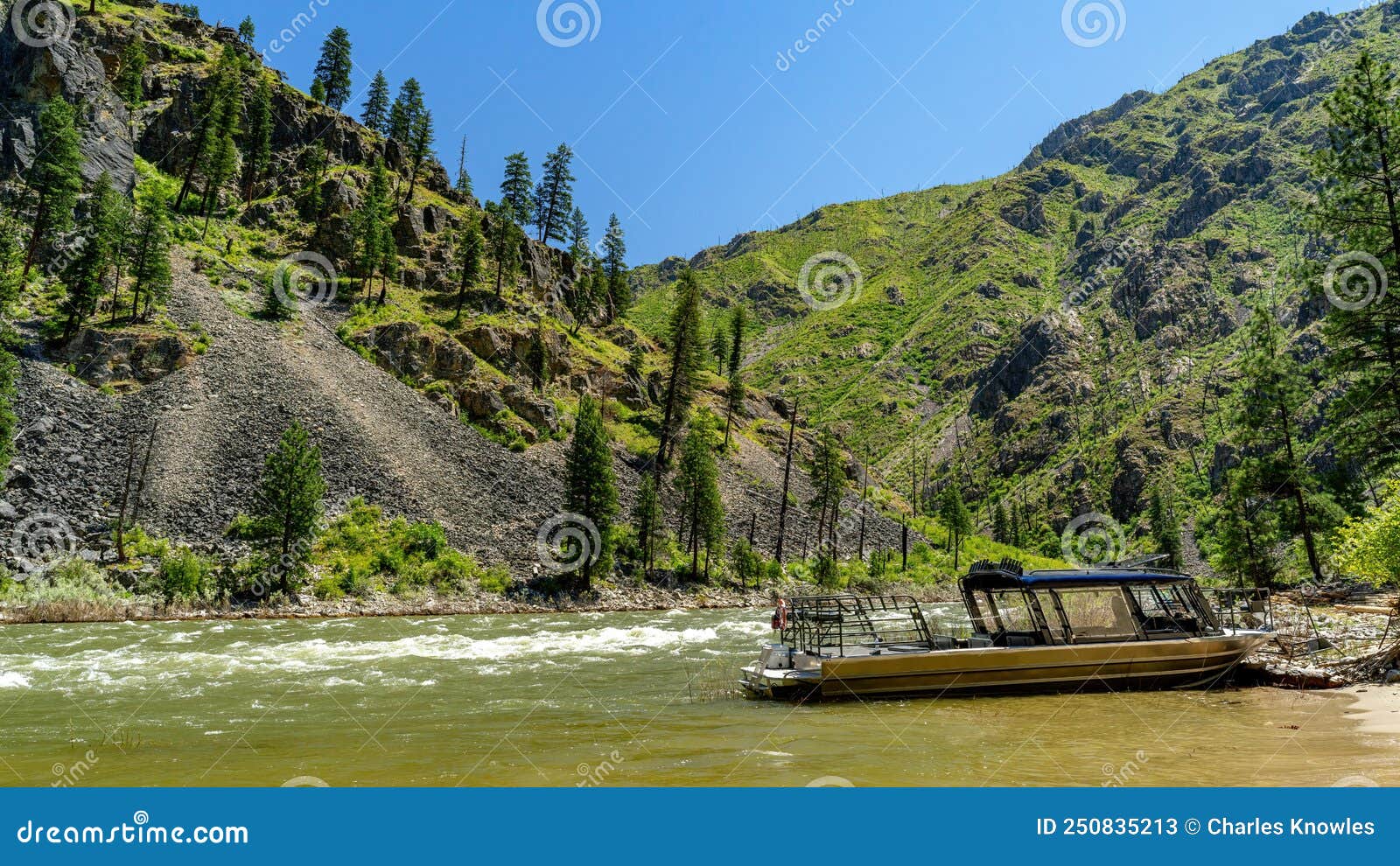 wild salmon river in idaho with a jet boat parked
