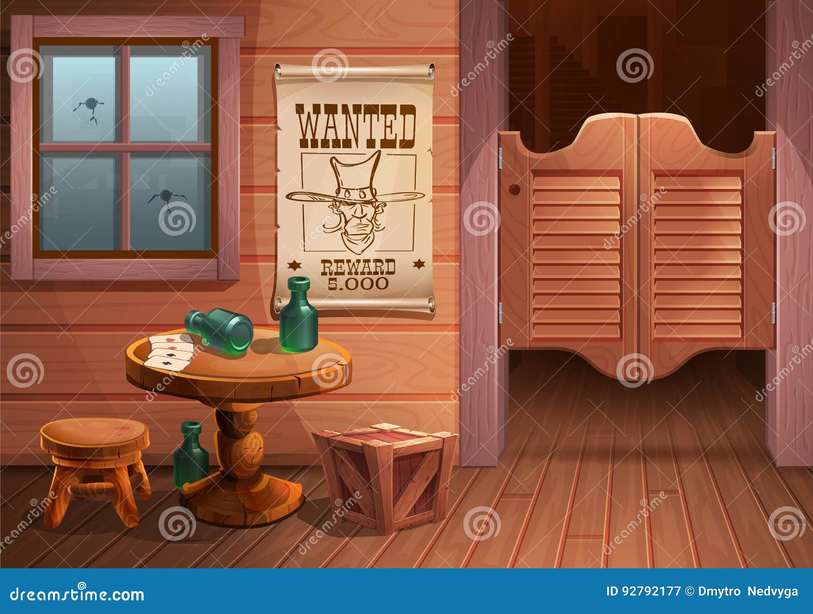 wild west background scene - door of the saloon, table with chair and poster with cowboy face and the inscription is wanted.