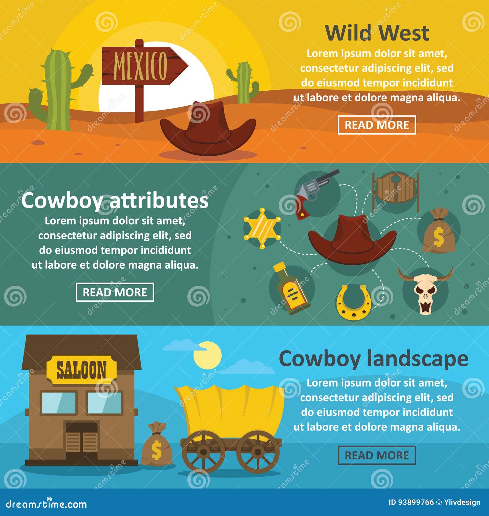 Wild West Banner Horizontal Set, Flat Style Stock Vector - Illustration