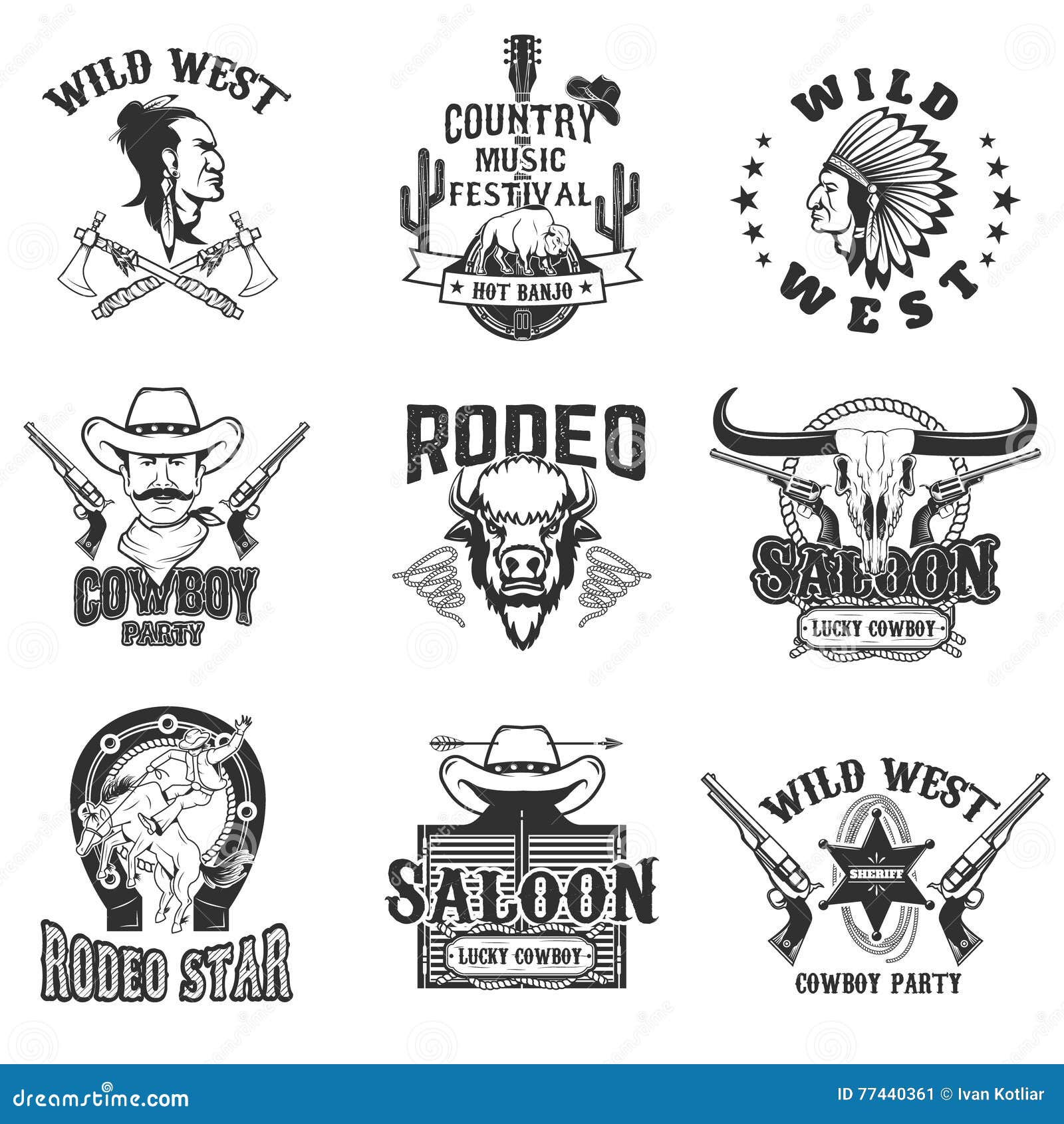 Wild West Emblems Set. Native Americans. Saloon. Country Music Stock ...