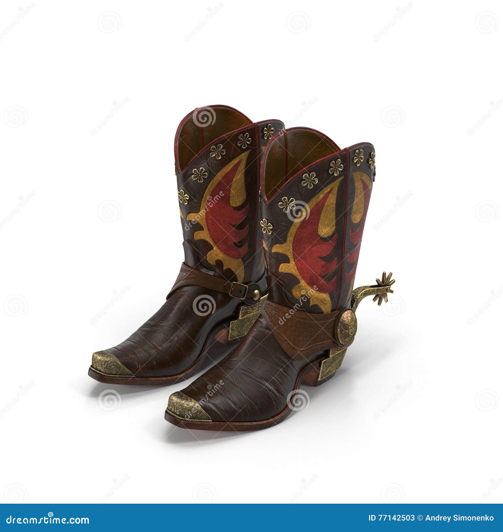 Wild West Leather Cowboy Boots With Spurs Isolated On White 3d ...