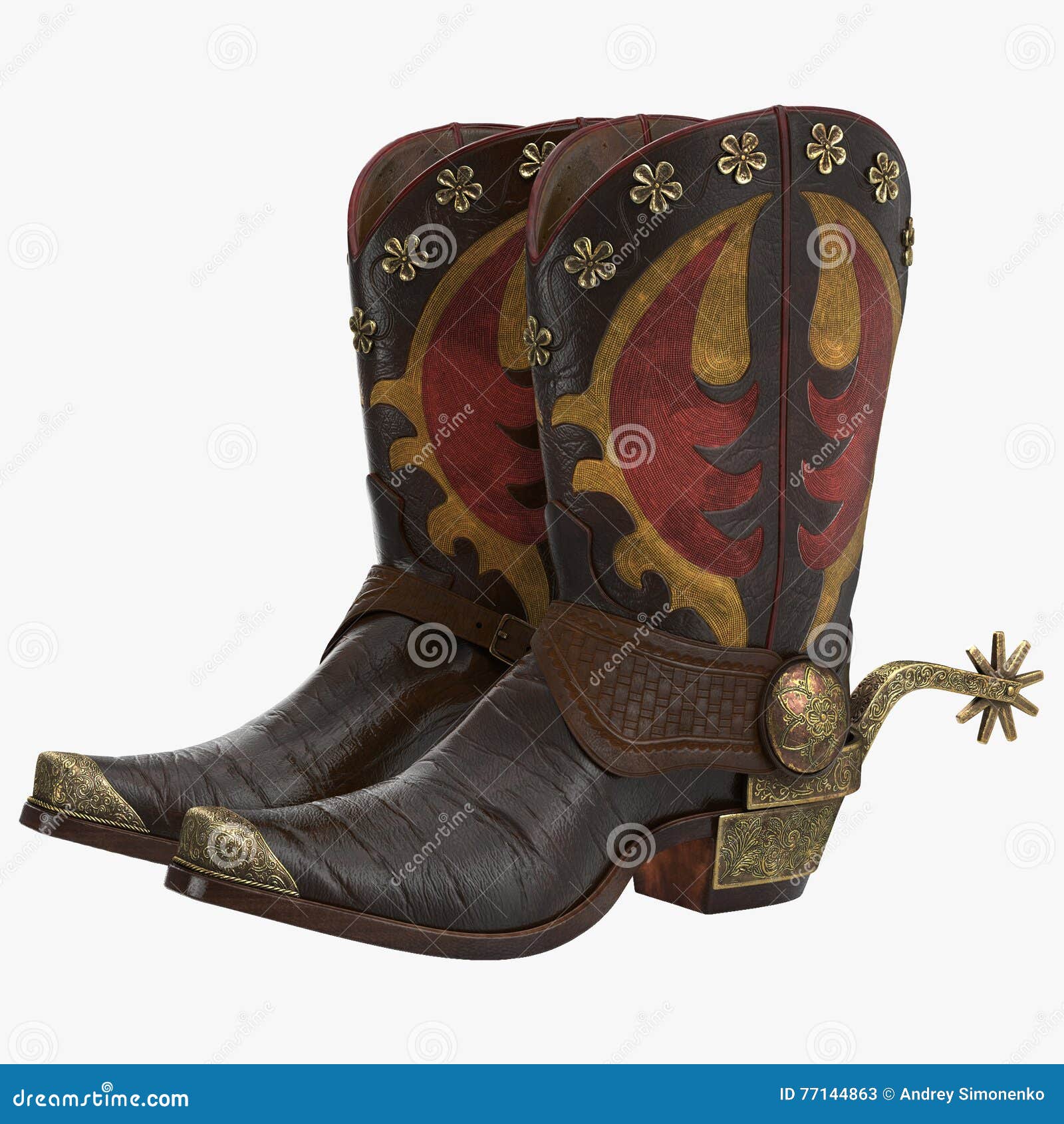 Wild West Leather Cowboy Boots with Spurs Isolated on White 3d ...