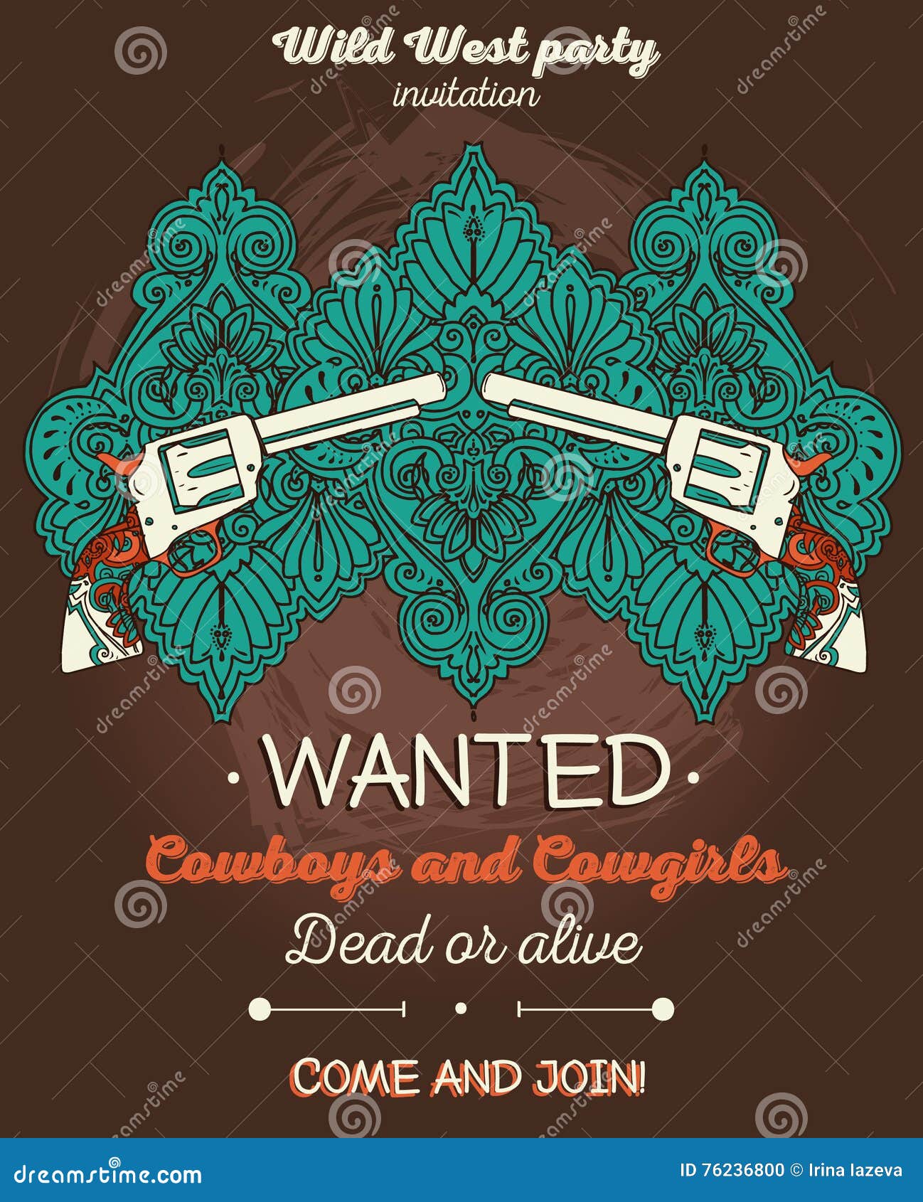 Wild West Party Invitation with Hand Drawn Ornament and Vintage Guns Stock Vector - Illustration of blank, flyer: 76236800