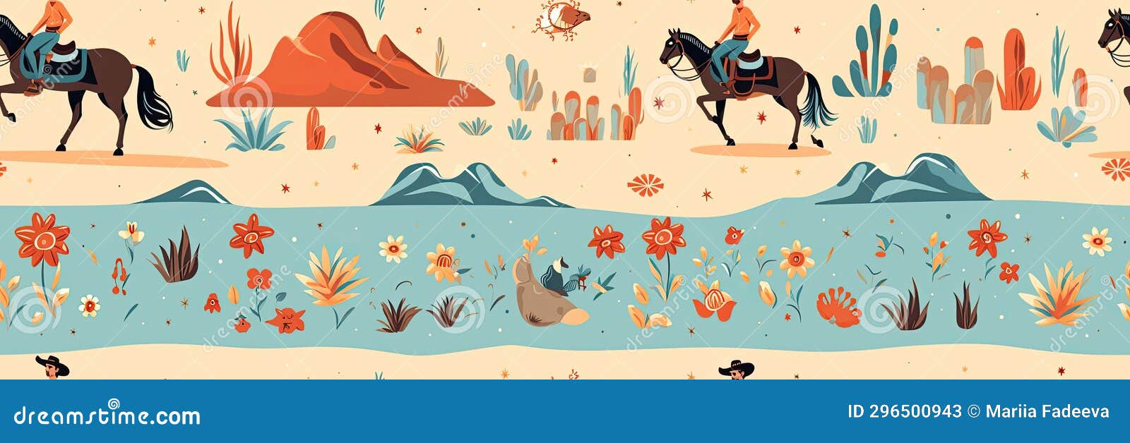 wild west theme in patterns. in unexpected color palettes. orange and beige background.