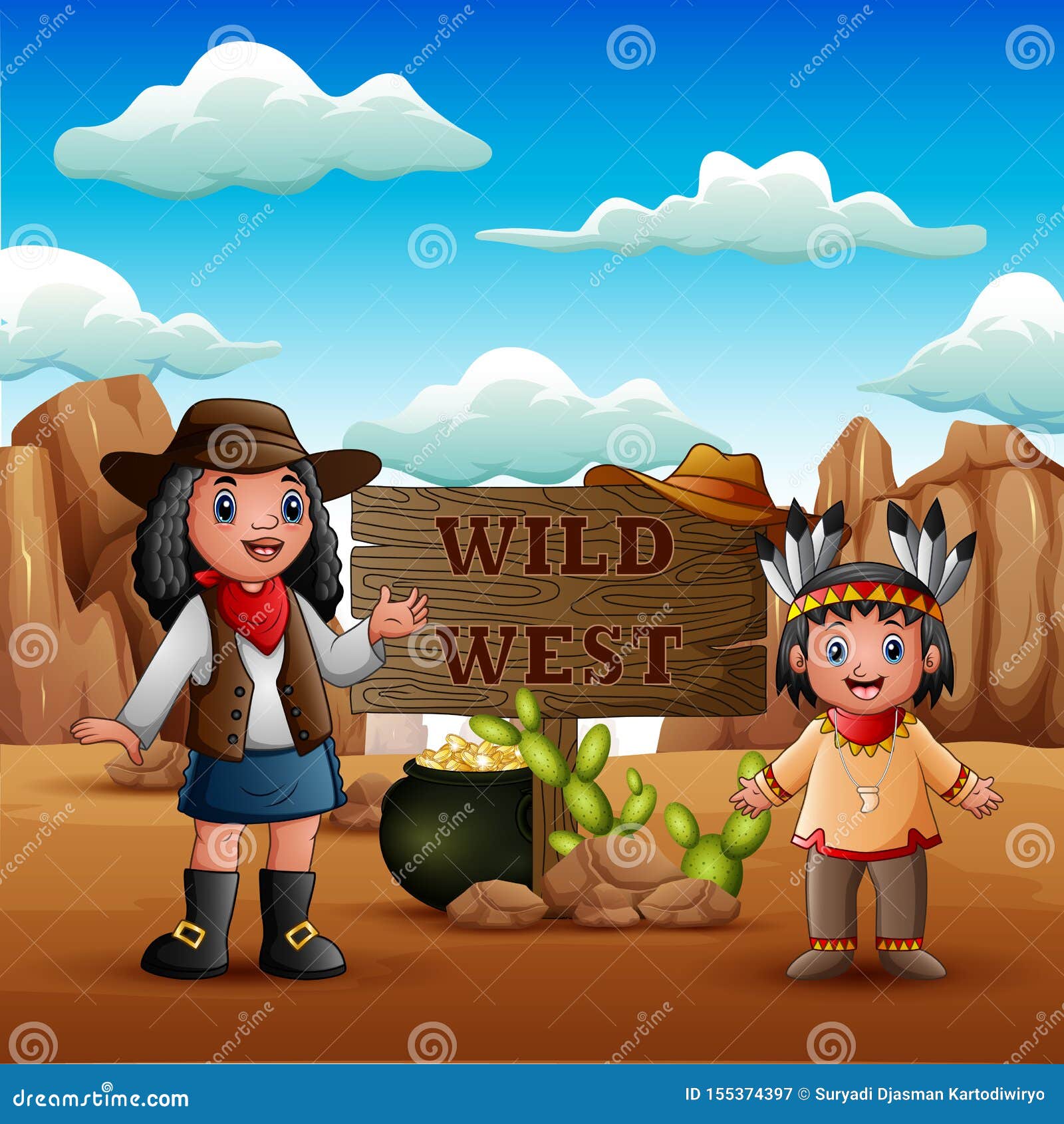 Wild West with Young African Cowgirls and Indian Girl Stock Vector -  Illustration of outdoor, decoration: 155374397