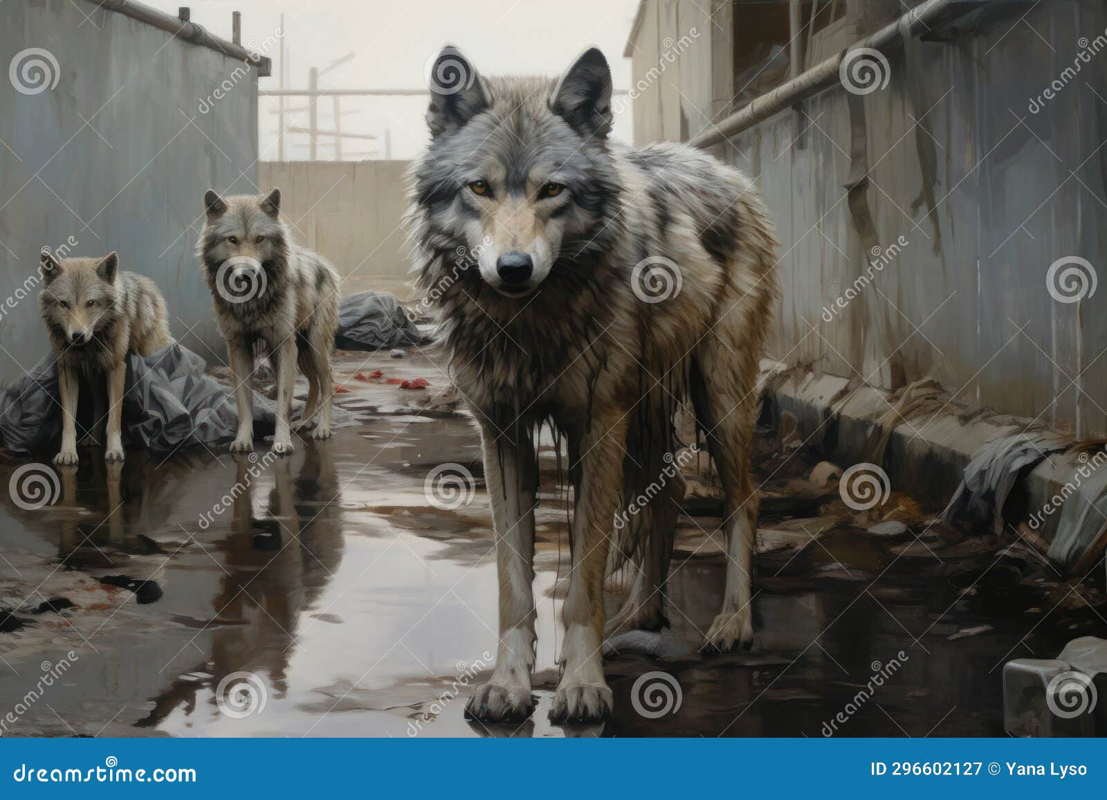 wild wolves in captivity. dirty, sick, skinny wolves in poor conditions in zoos, circuses, live in deplorable conditions