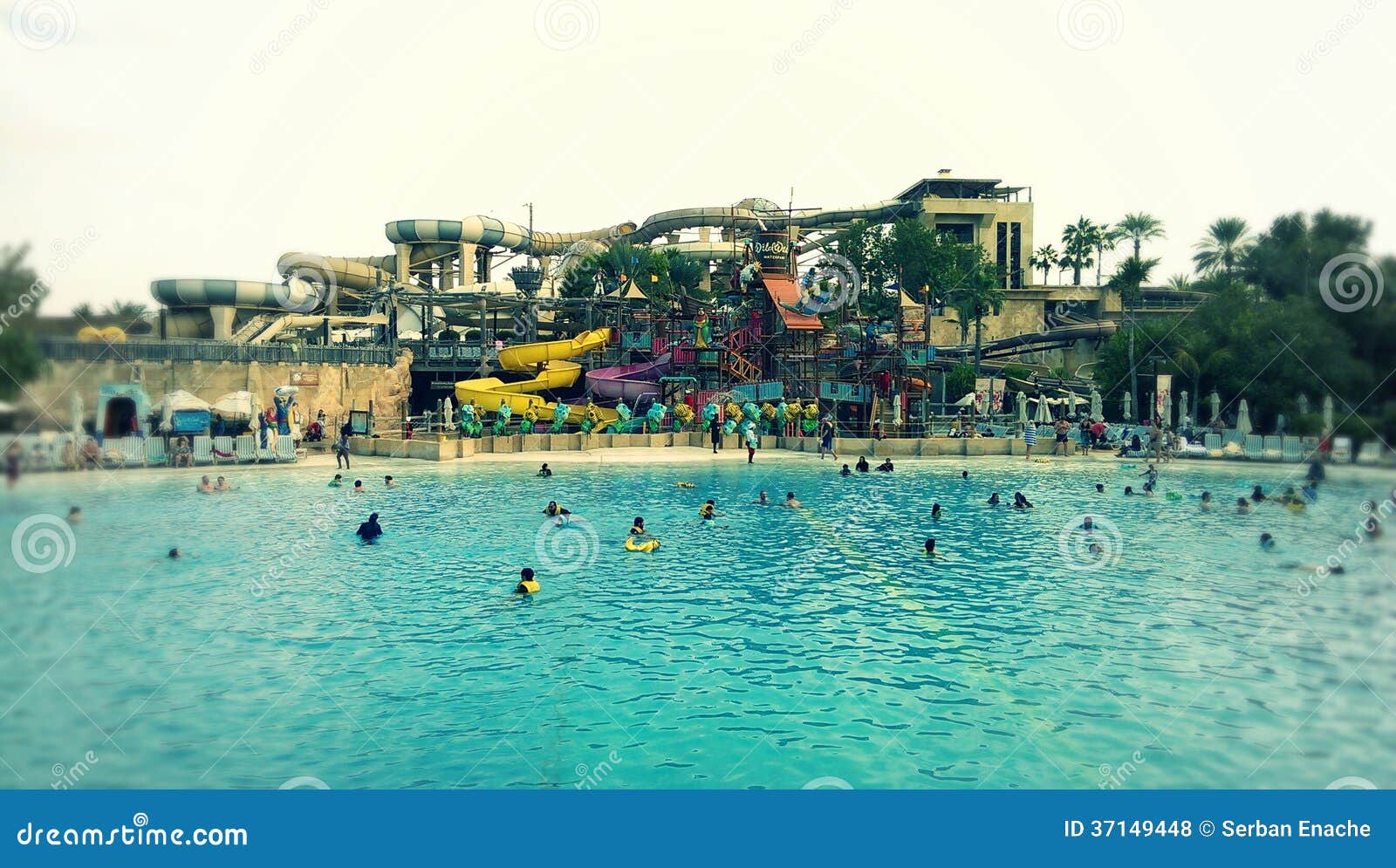 Wilder Wadi Water Park, Dubai. Leute, die das Wasser bei wildem Wadi Water Park, Dubai, UAE schwimmen und genießen.