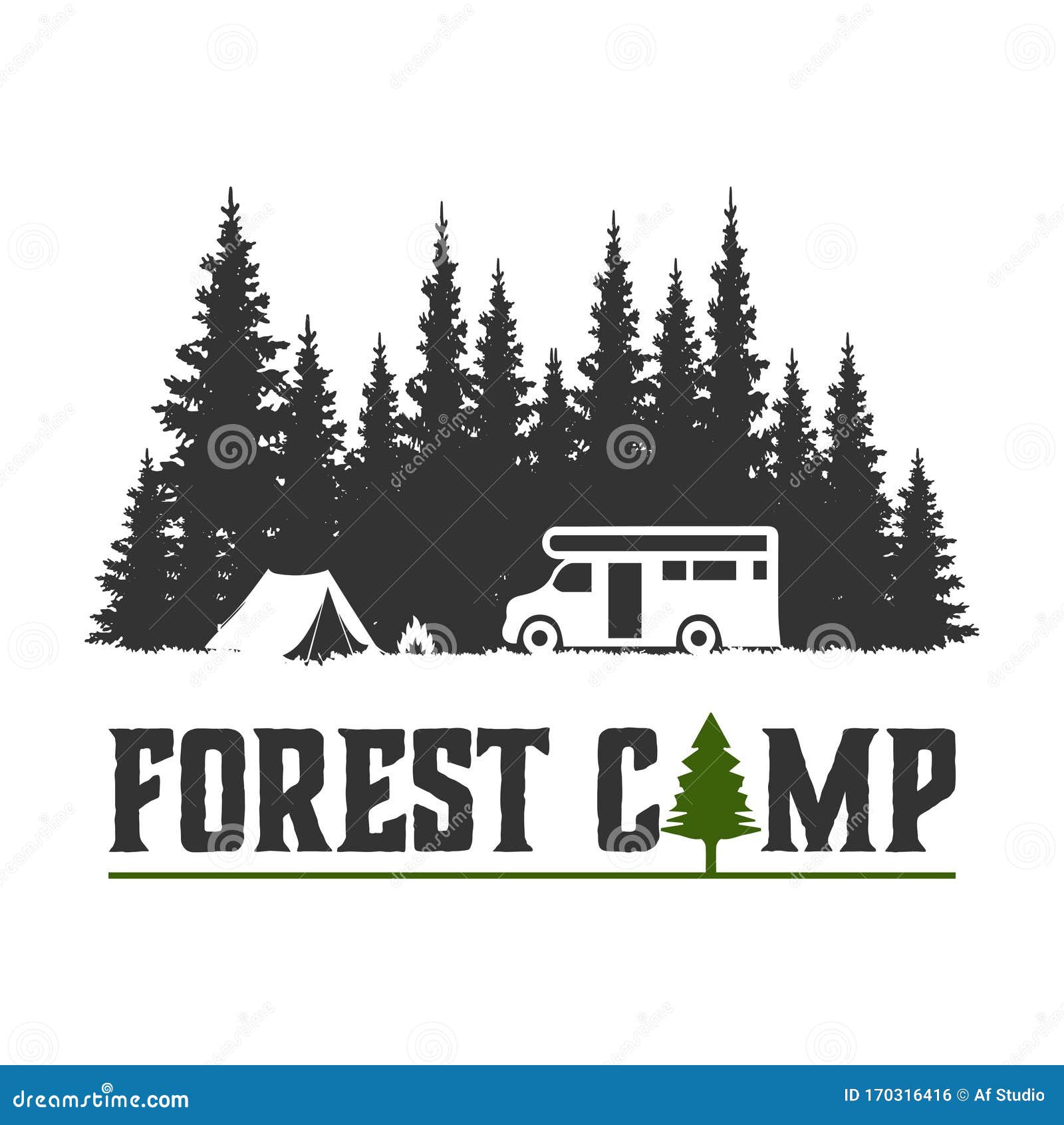 wilderness explorer logo with camp car and pine trees forest.