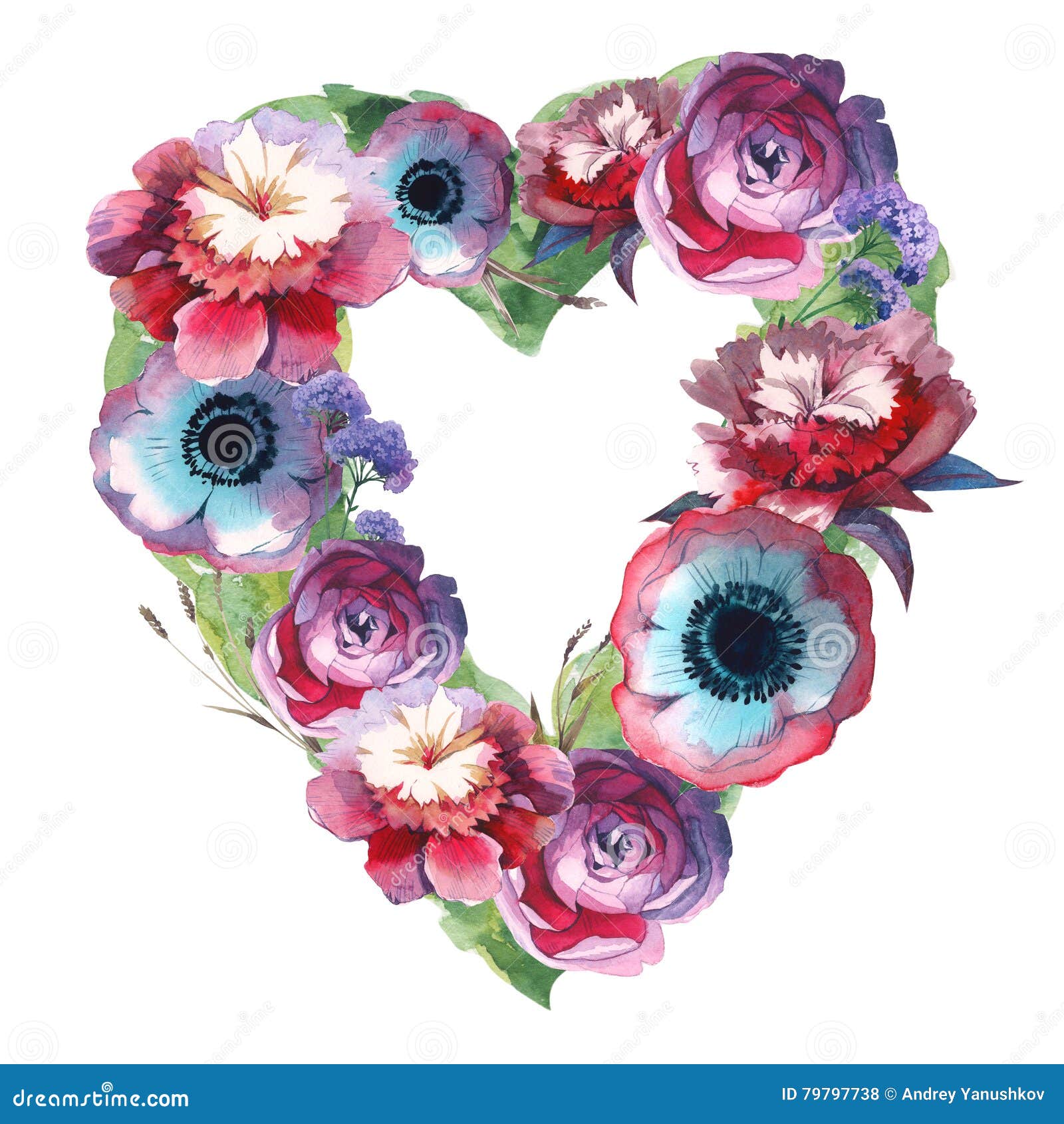 Wildflower Rose Flower Heart in a Watercolor Style Isolated. Stock