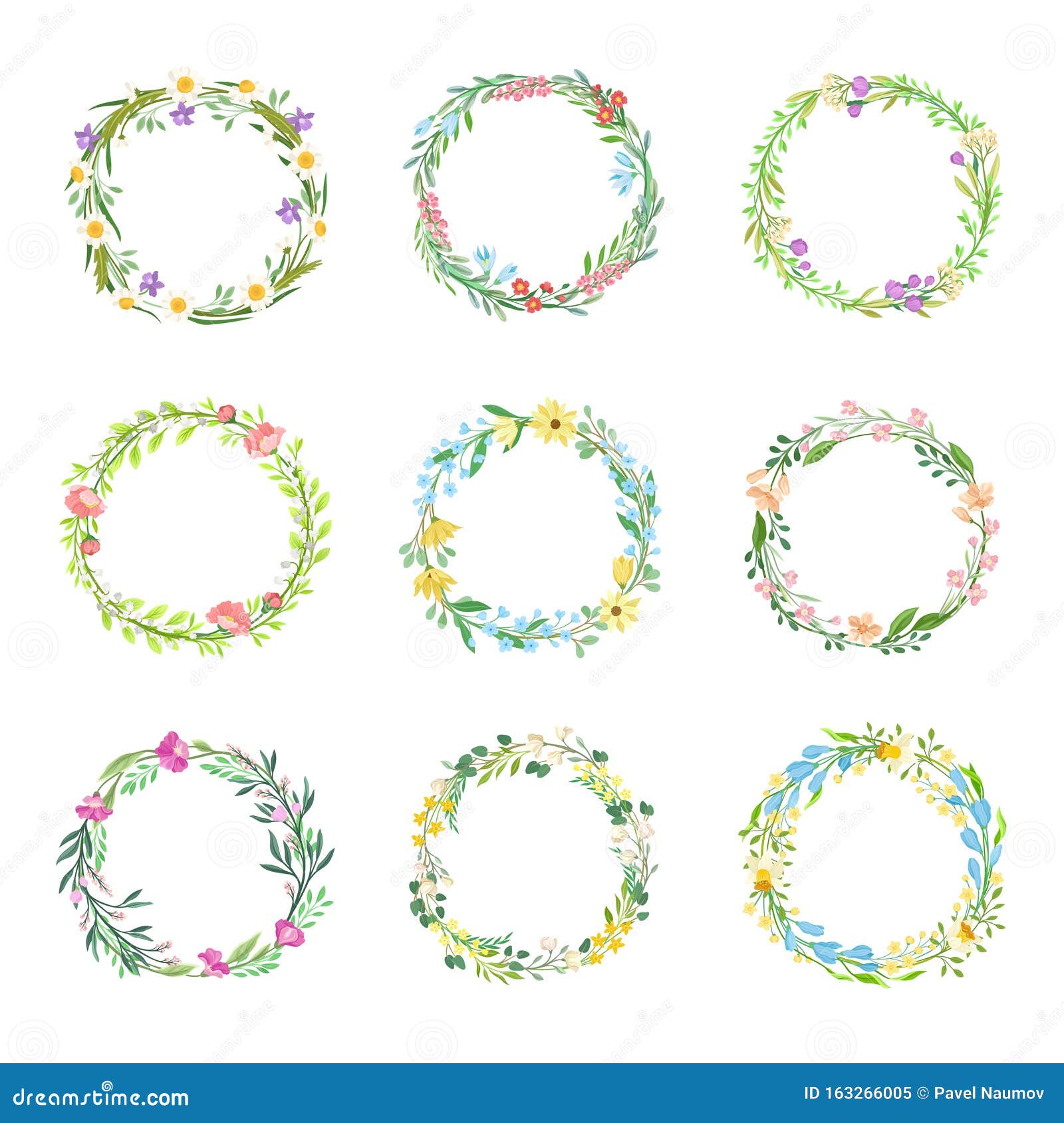 Wildflowers Circle Frames Vector Set. Circular Botanical Wreath
