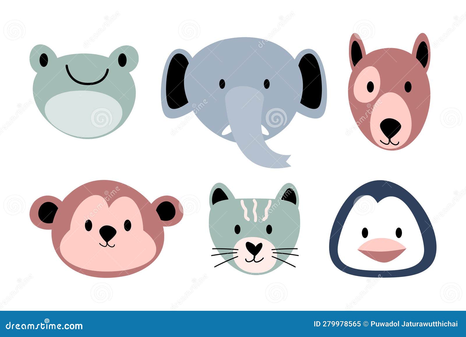 Wildlife Animals Head . Flat Design . Vintage Style Stock Vector