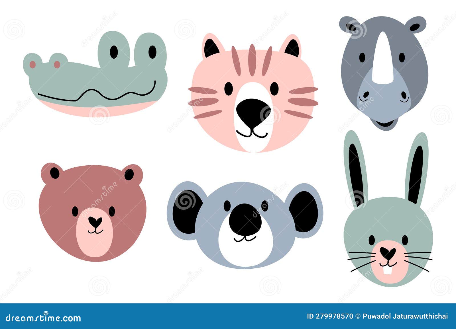 Wildlife Animals Head . Flat Design . Vintage Style Stock Vector