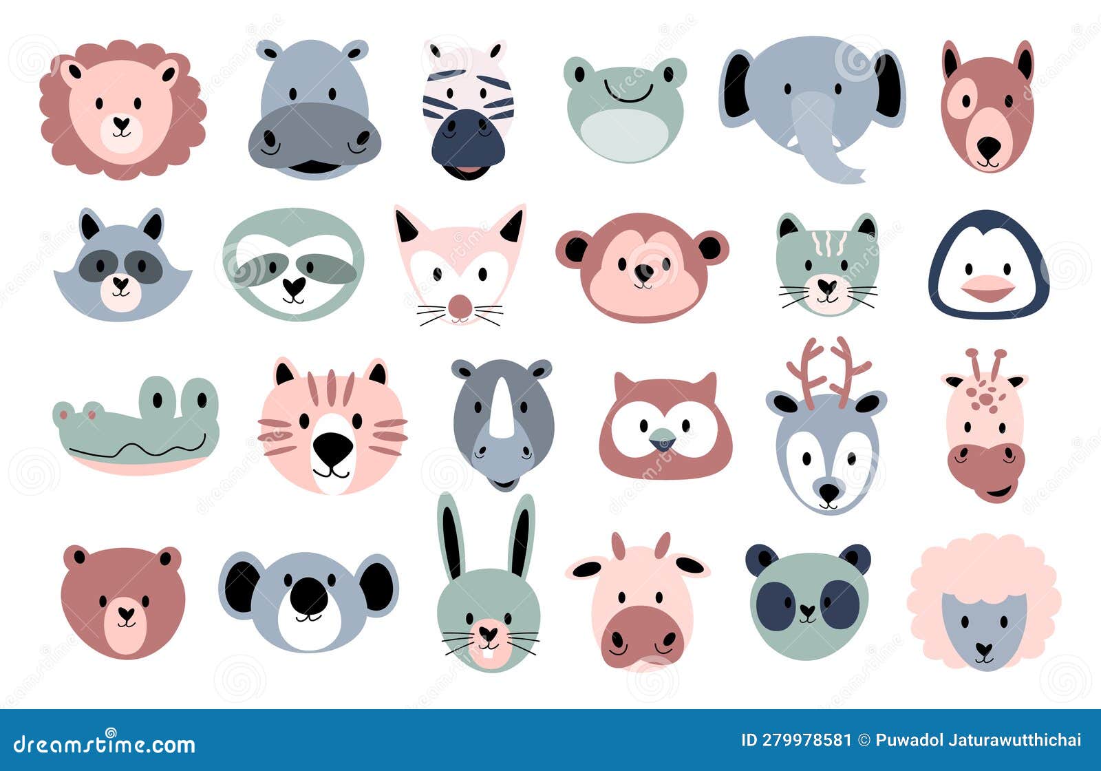 Wildlife Animals Head . Flat Design . Vintage Style Stock Vector