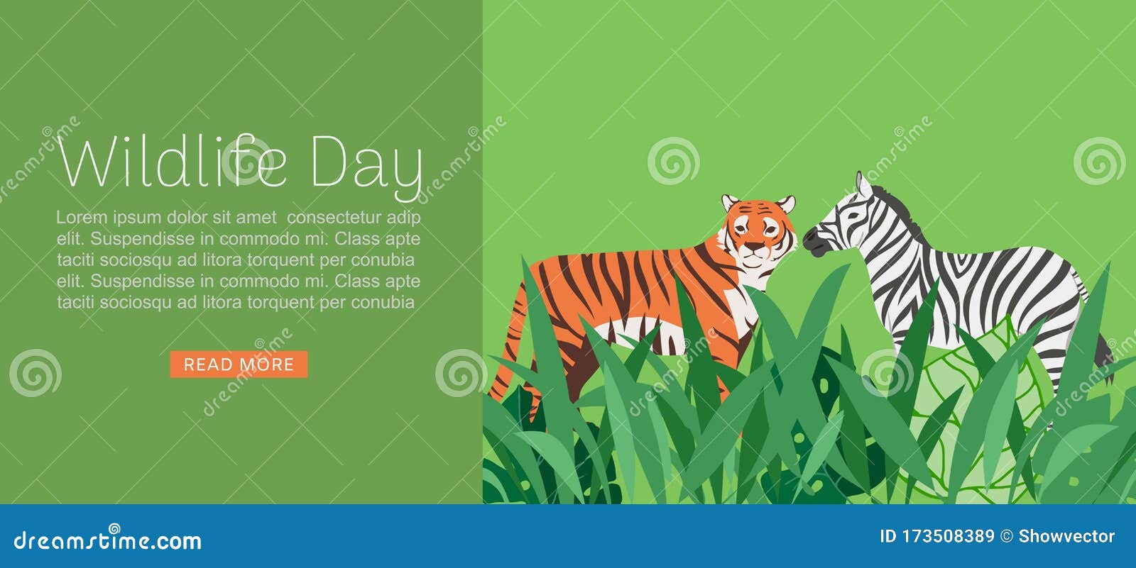 Wildlife Day Web Banner Vector Illustration. Cartoon Wild Tiger and Zebra  with Abstract African Jungle Decoration for Stock Vector - Illustration of  ecology, fauna: 173508389