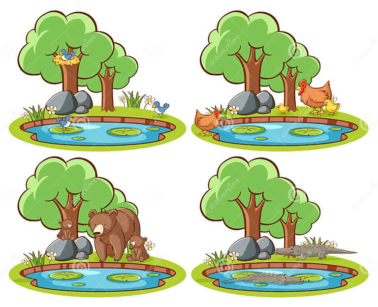 Wildtierarten Im Park Mit Teich Und Baum Vektor Abbildung