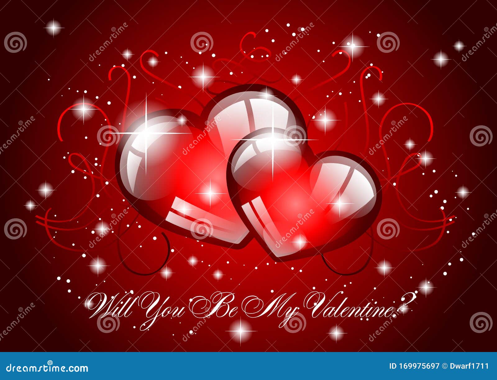 Will You Be My Valentine cute card, banner, flyer, poster, voucher or greeting card template with couple of hearts and stars on red background. 