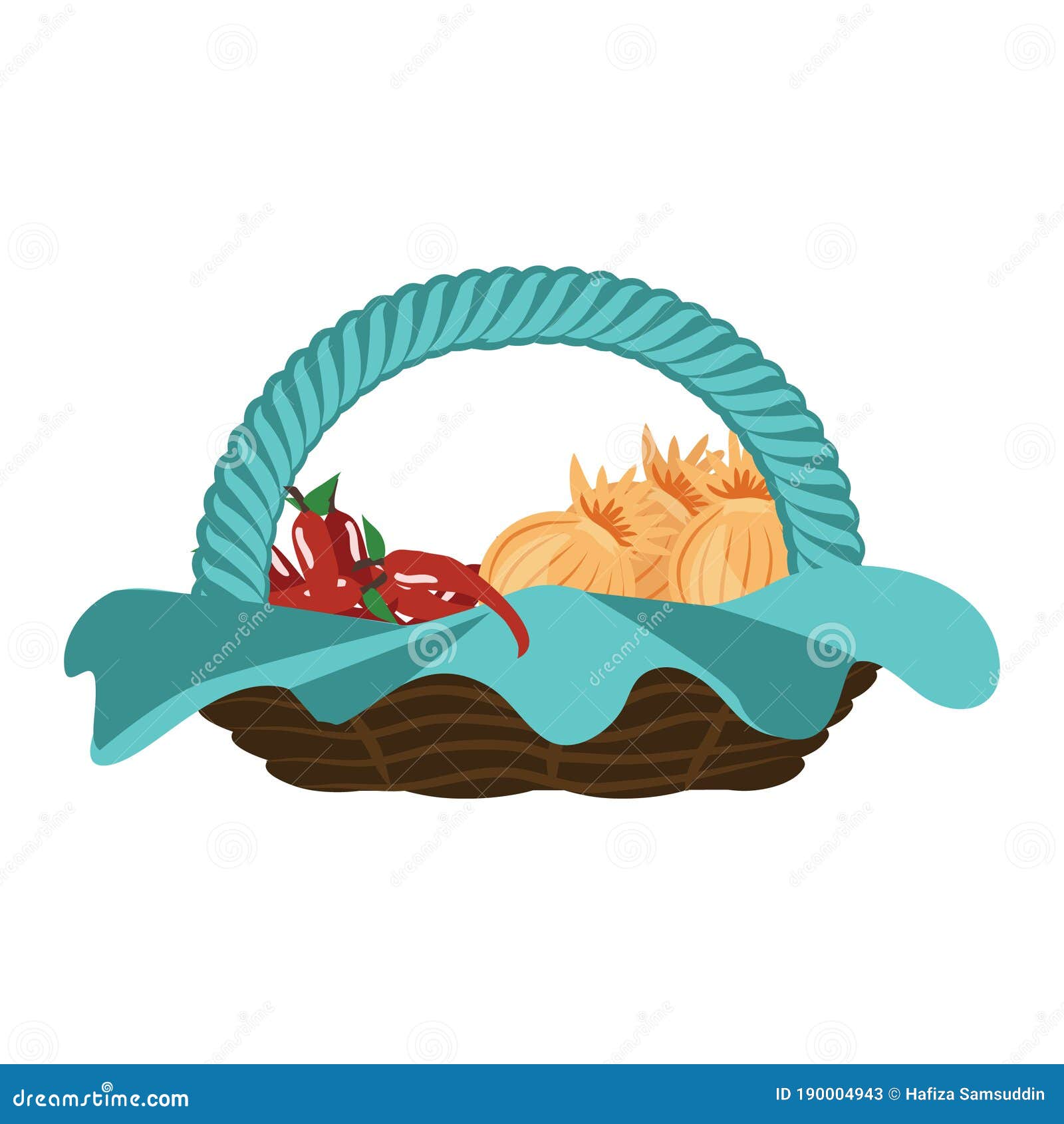 Willow Basket with Chilies and Onion. Vector Illustration Decorative Design Stock Vector