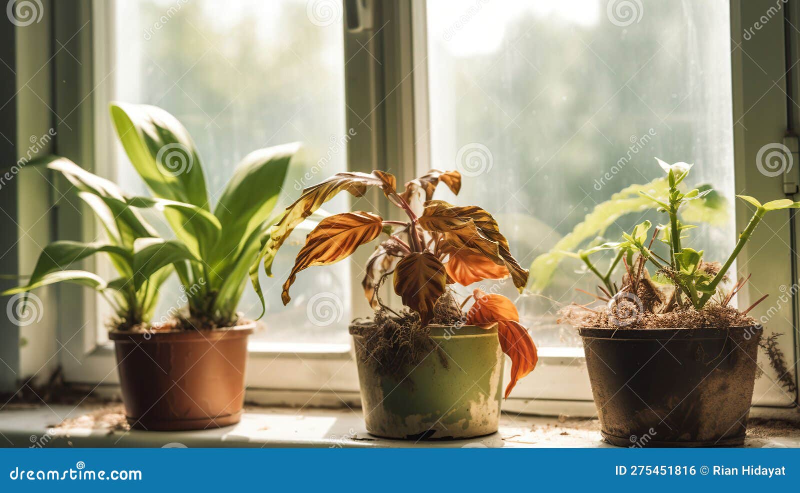 Wilted Houseplants on Windowsill in Room, Generative Ai Stock Photo